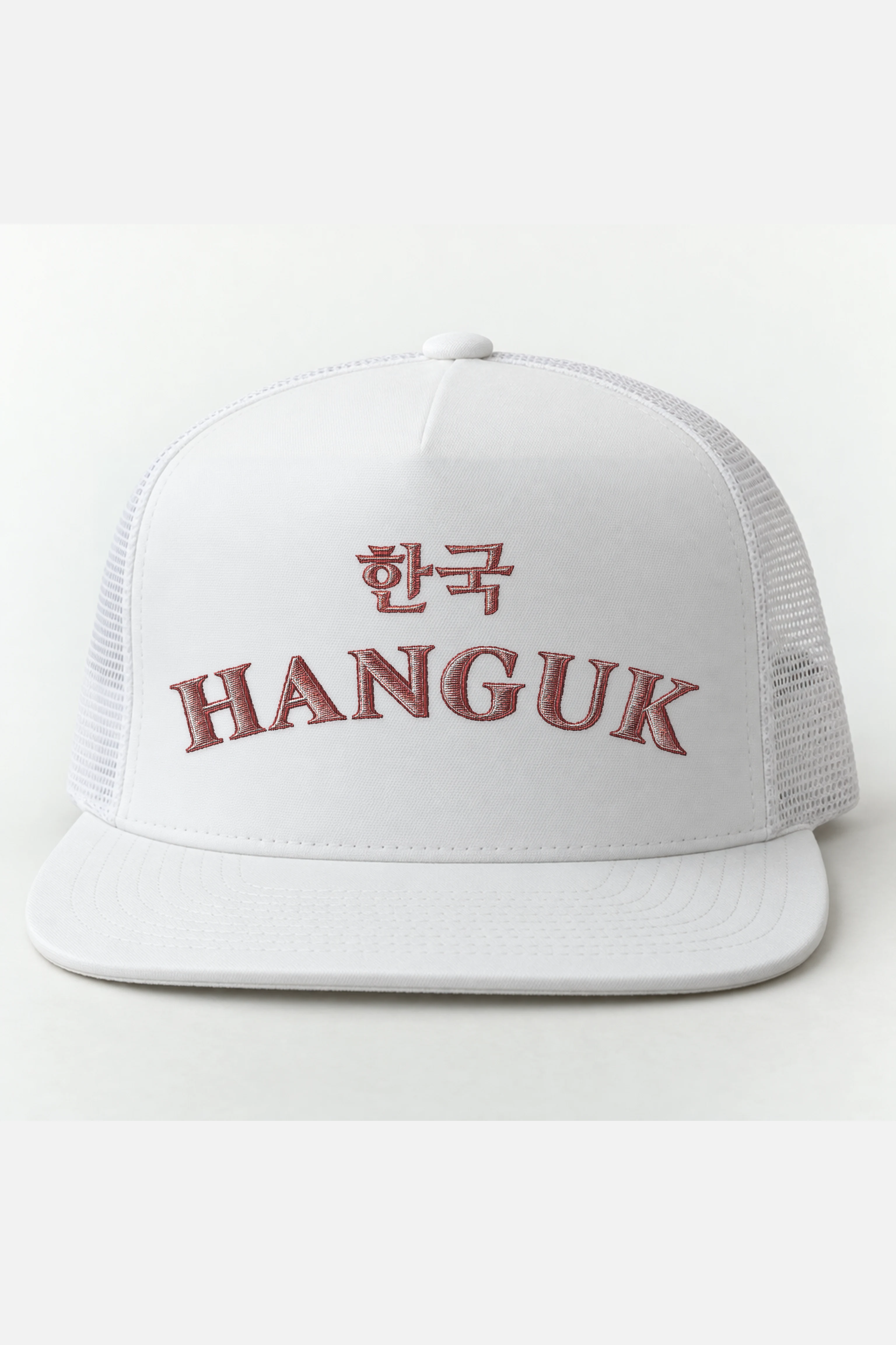 "Hanguk Collegiate" 5 Panel Trucker Cap · Embroidered — white/cap-front