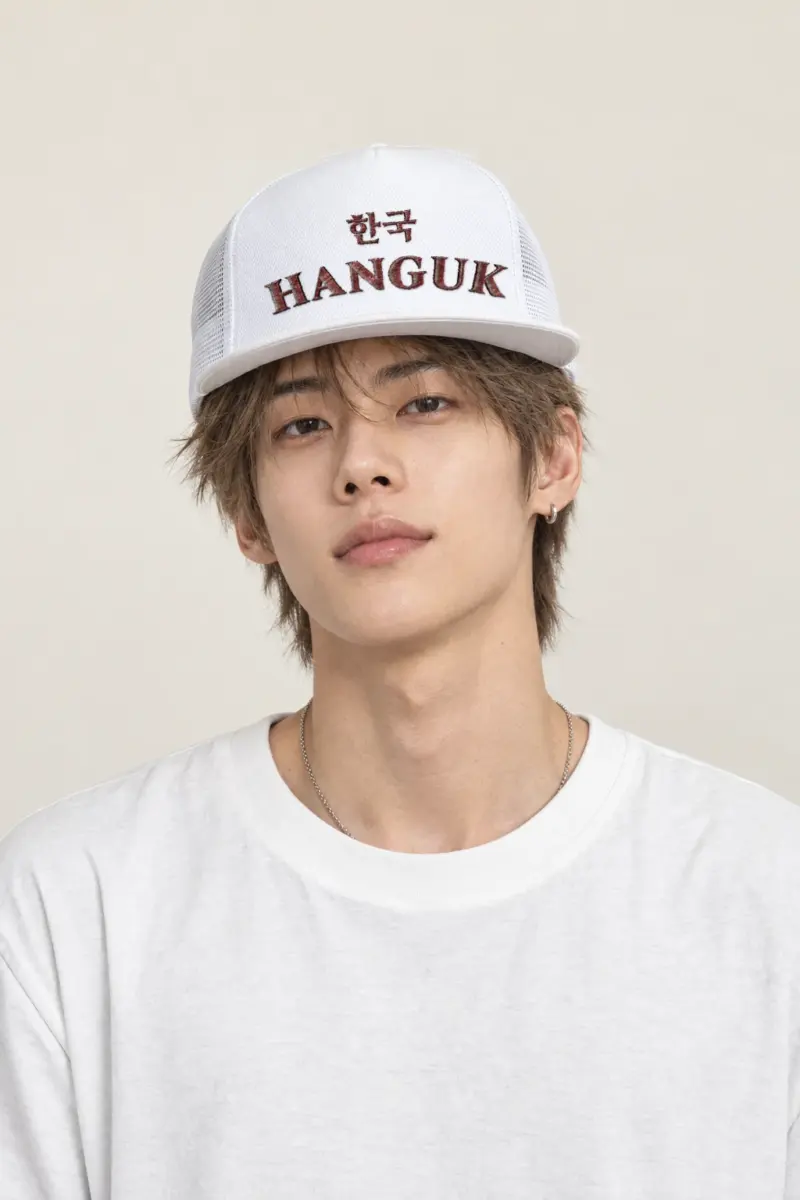 "Hanguk Collegiate" 5 Panel Trucker Cap · Embroidered