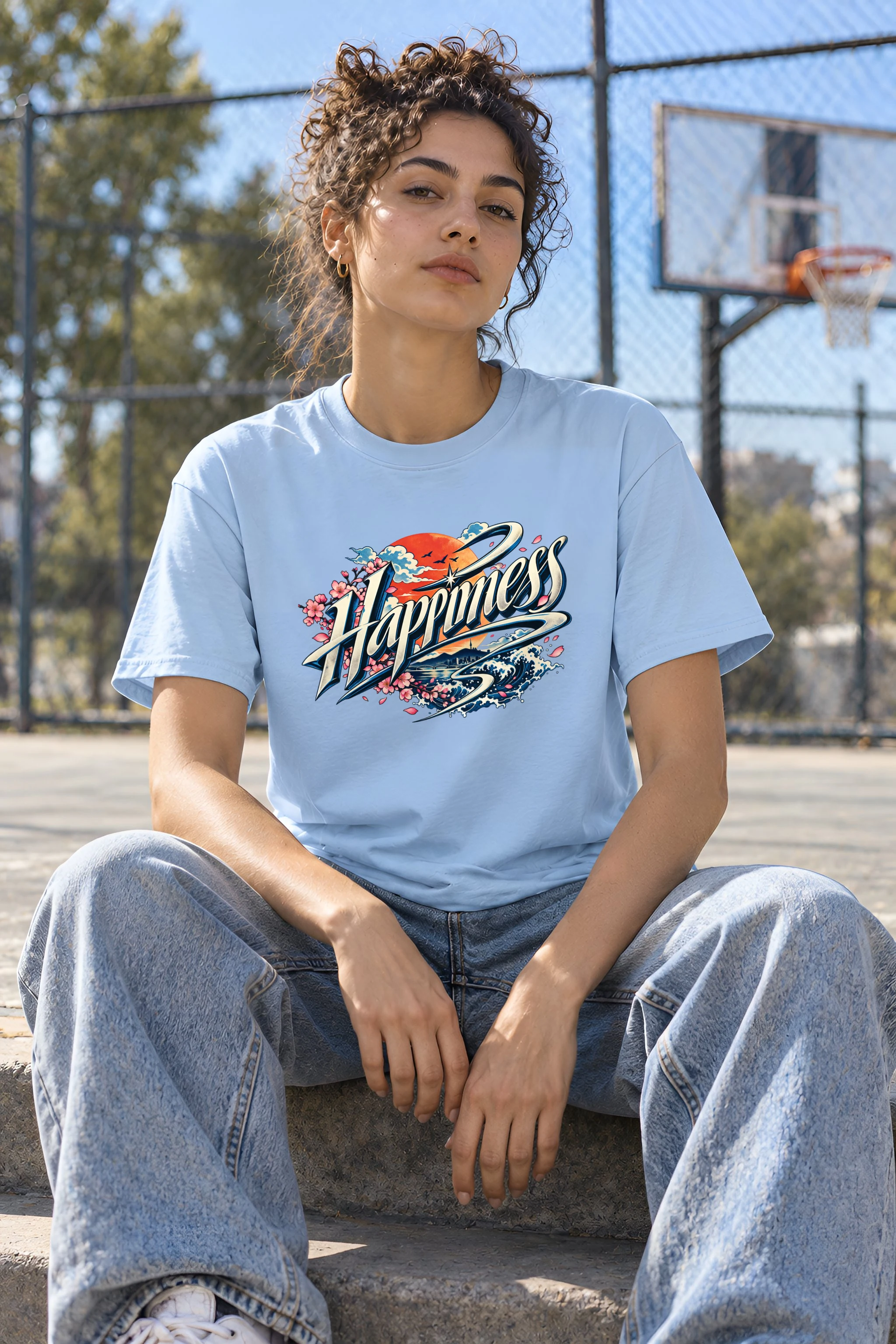 "Ribbon Script Happiness" Heavyweight Unisex Crewneck T-shirt