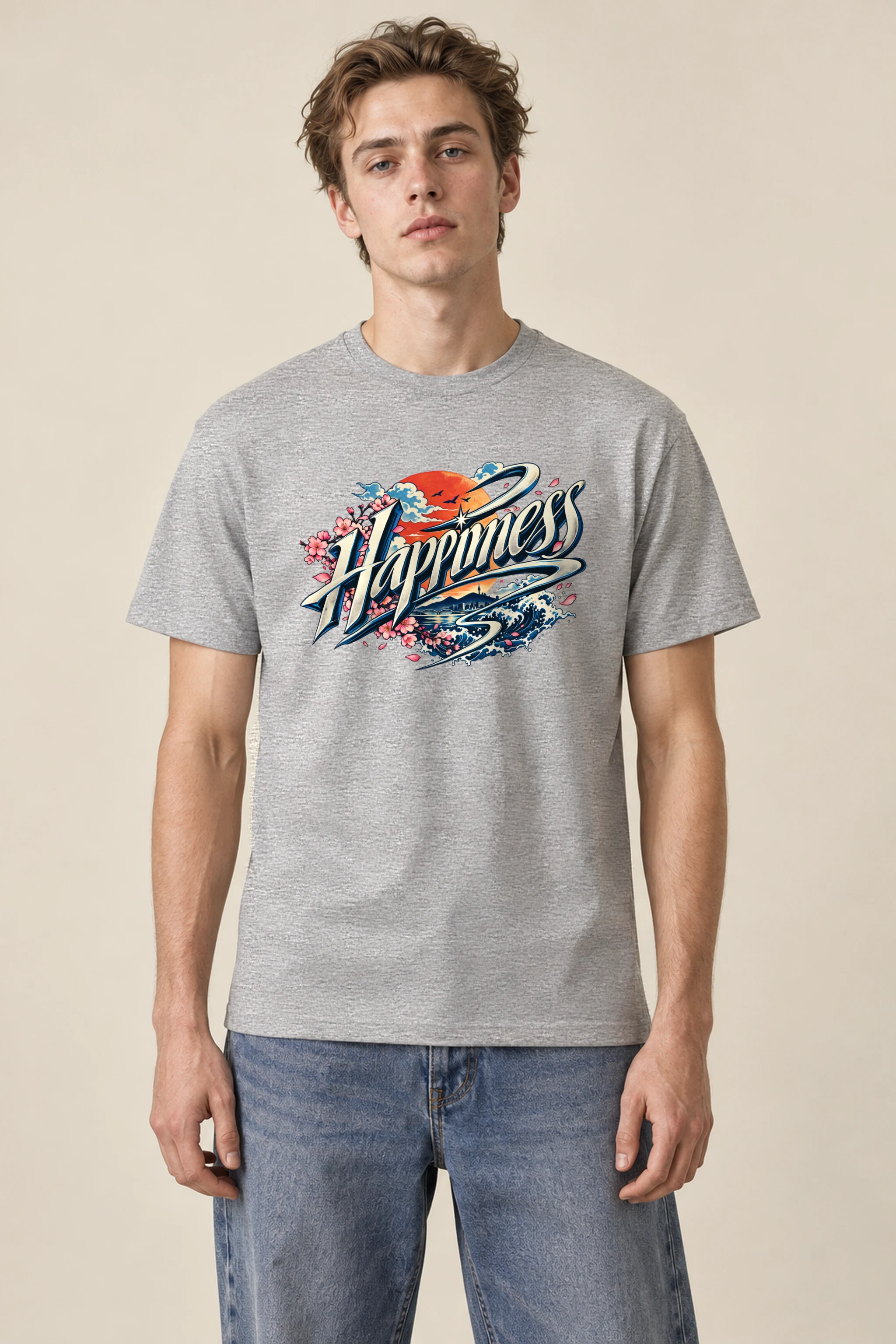 "Ribbon Script Happiness" Heavyweight Unisex Crewneck T-shirt