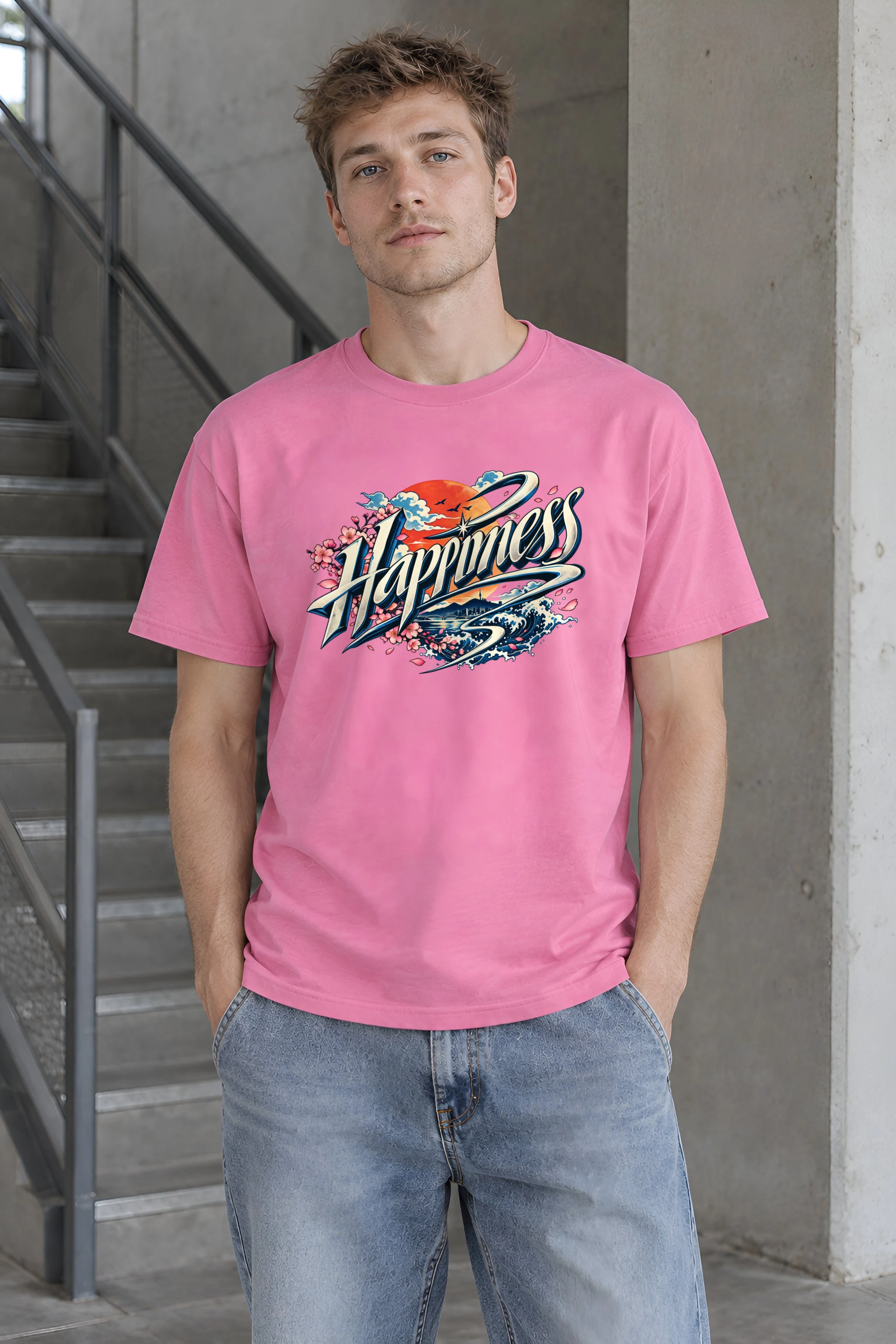 "Ribbon Script Happiness" Heavyweight Unisex Crewneck T-shirt