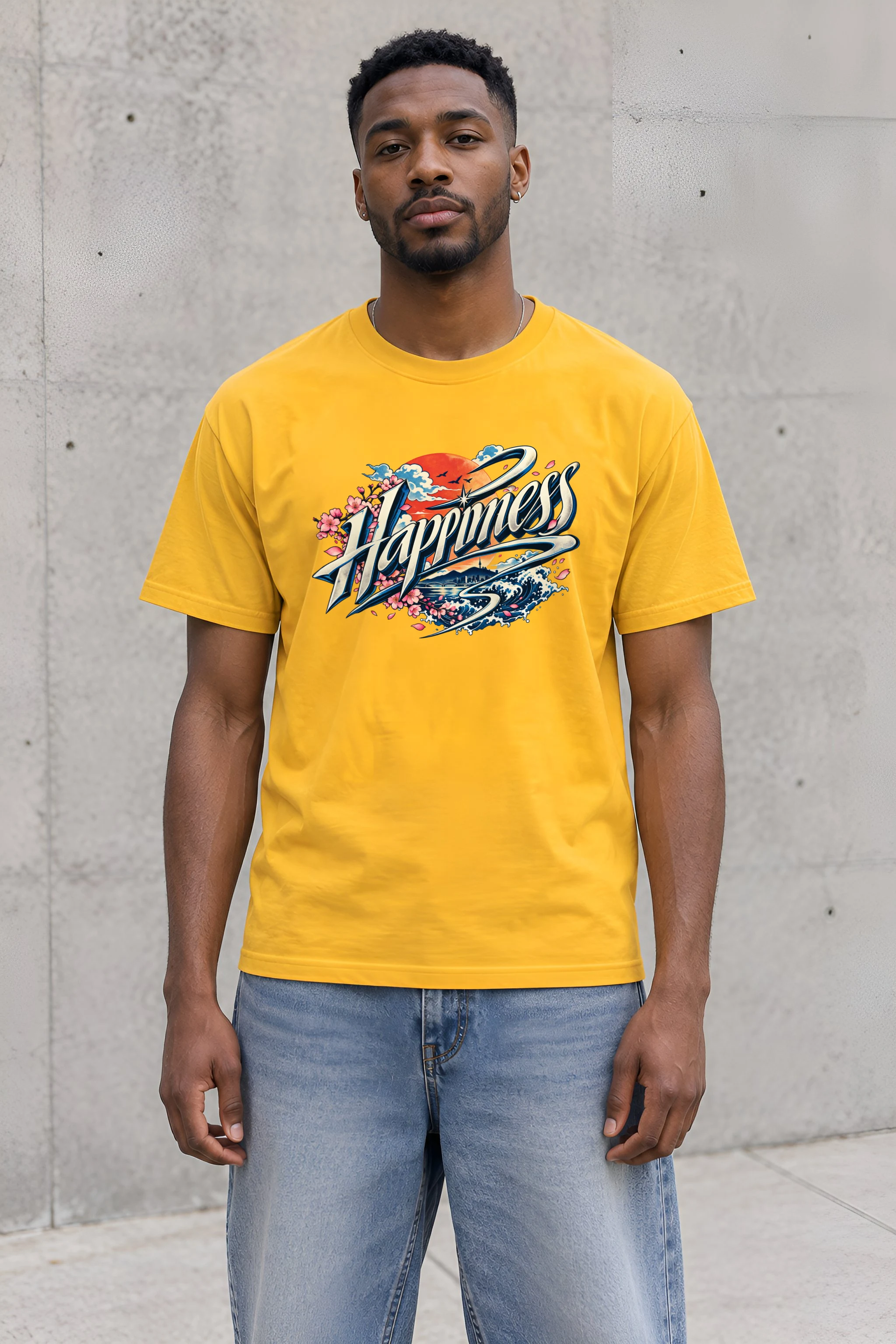 "Ribbon Script Happiness" Heavyweight Unisex Crewneck T-shirt