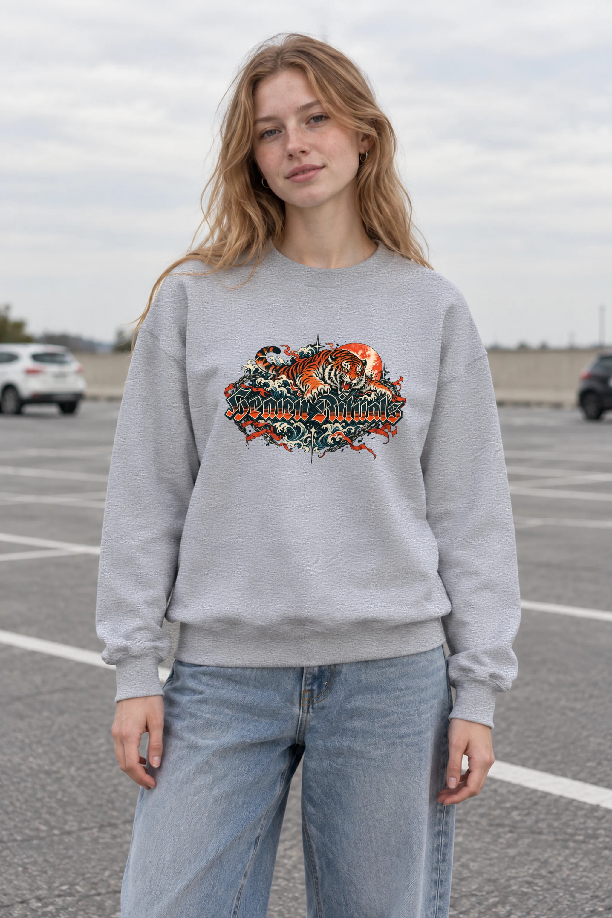 "Snarling Tiger Chain Script" 1 Crewneck Sweatshirt