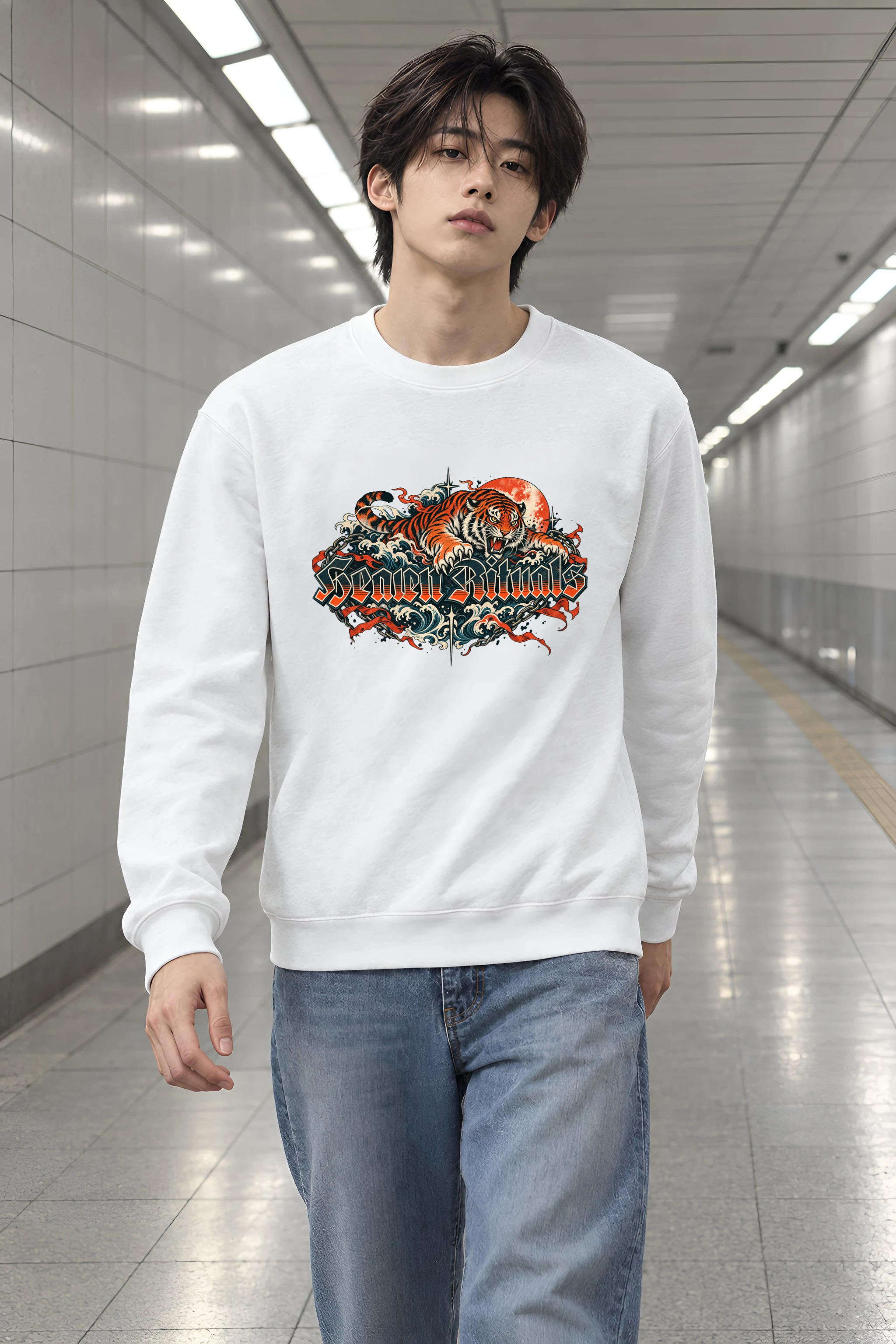 "Snarling Tiger Chain Script" 1 Crewneck Sweatshirt