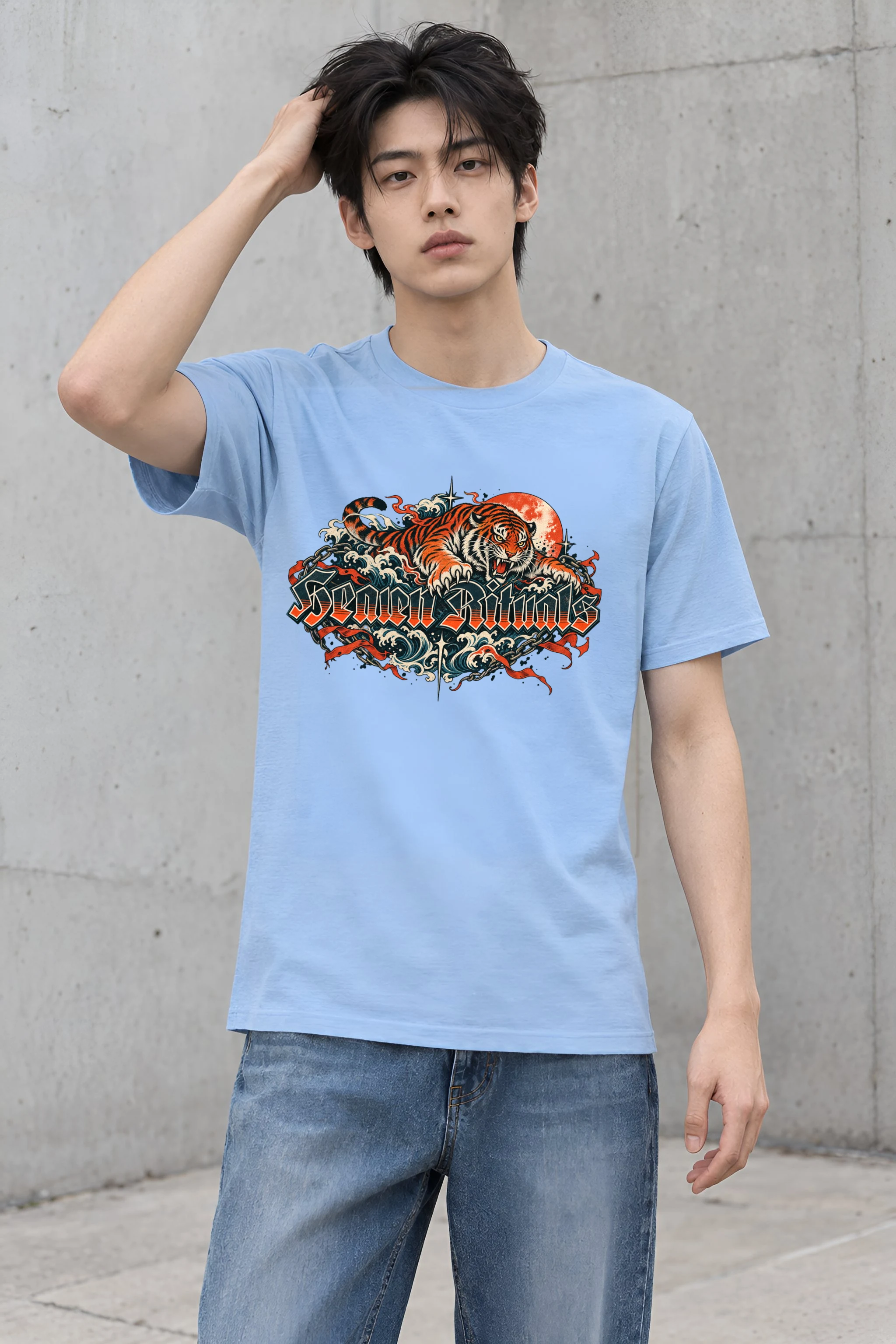 "Tiger Sun Wave Crew" Heavyweight Unisex Crewneck T-shirt