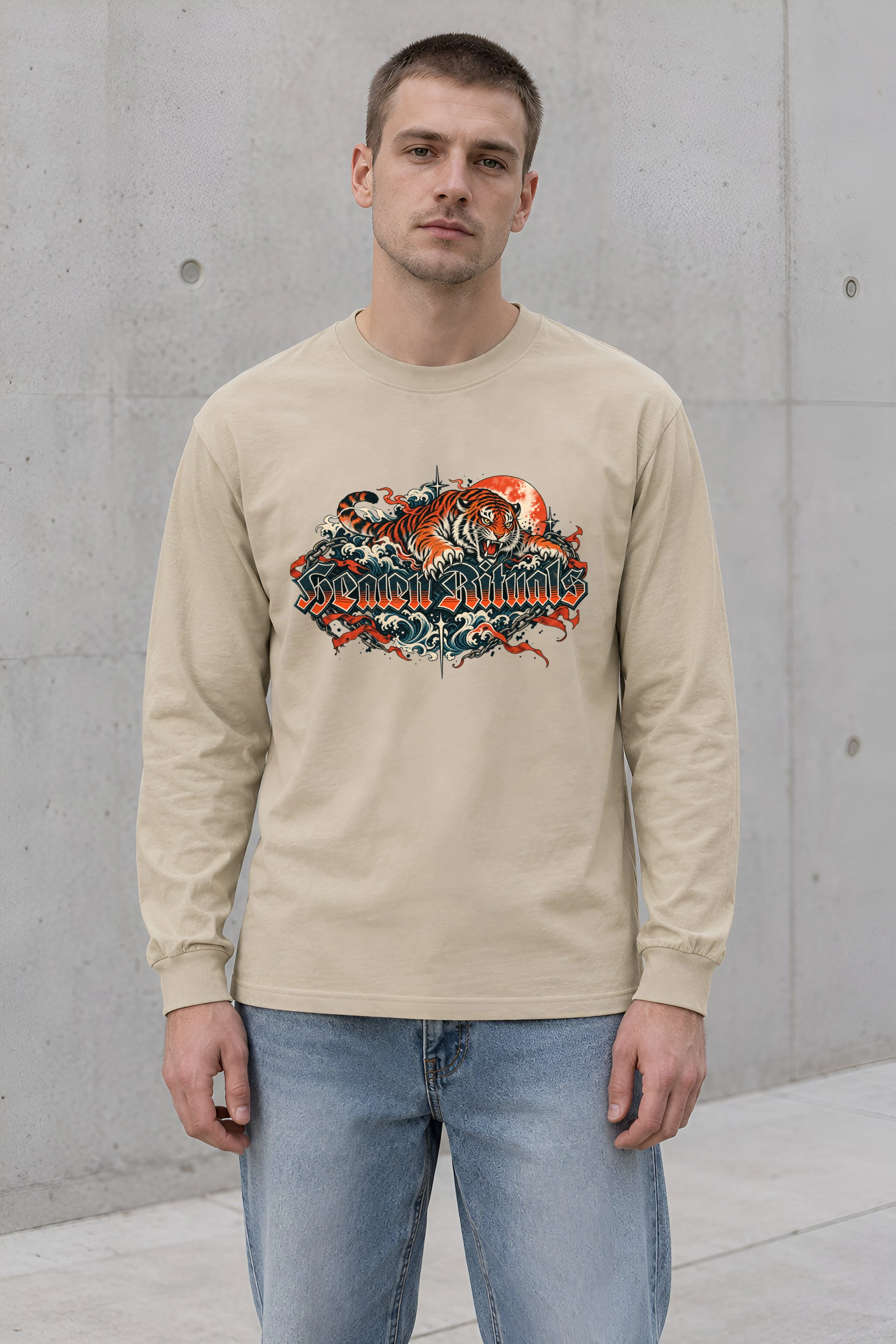 "Snarling Tiger with Gothic Script" Unisex Longsleeve T-shirt