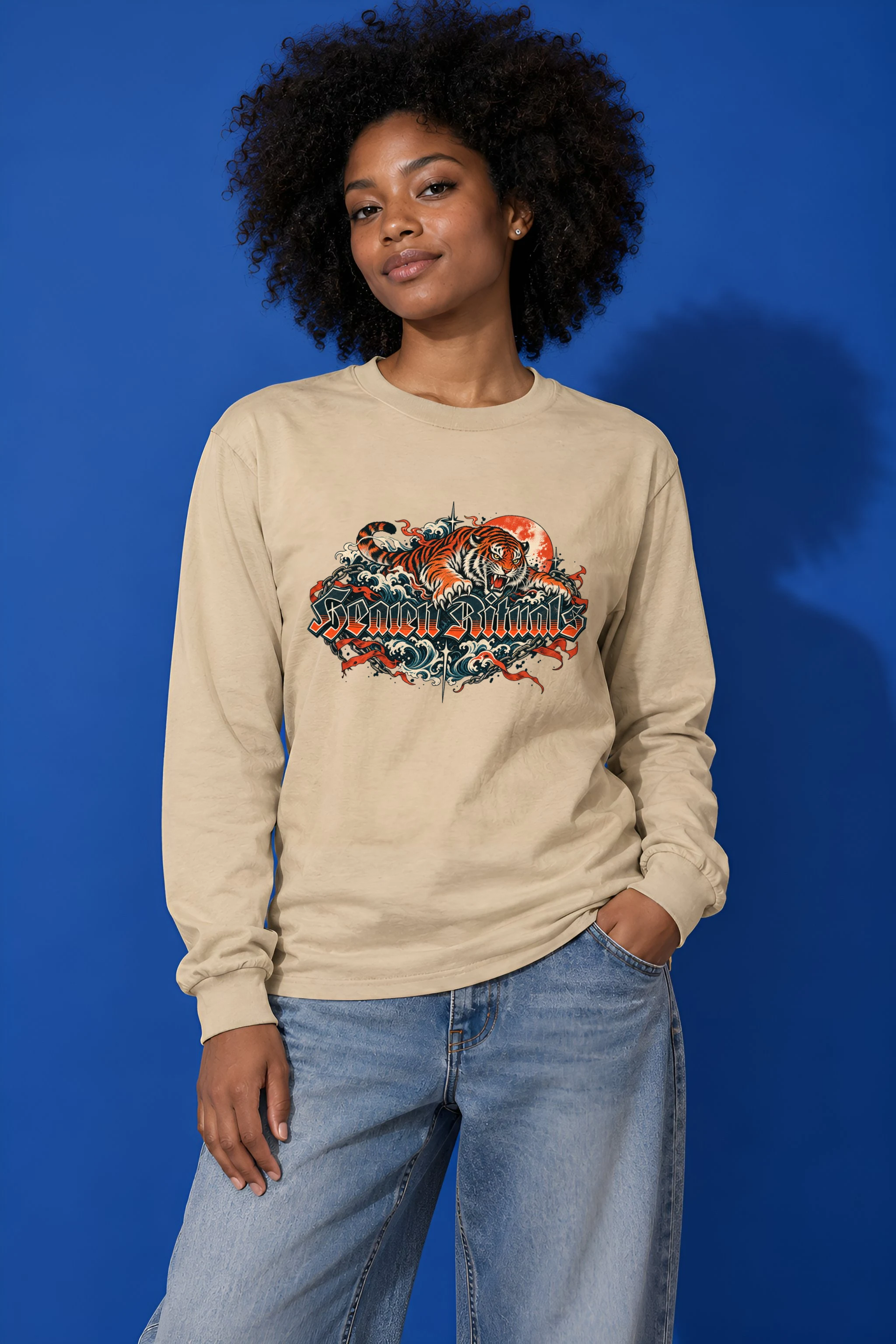"Snarling Tiger with Gothic Script" Unisex Longsleeve T-shirt