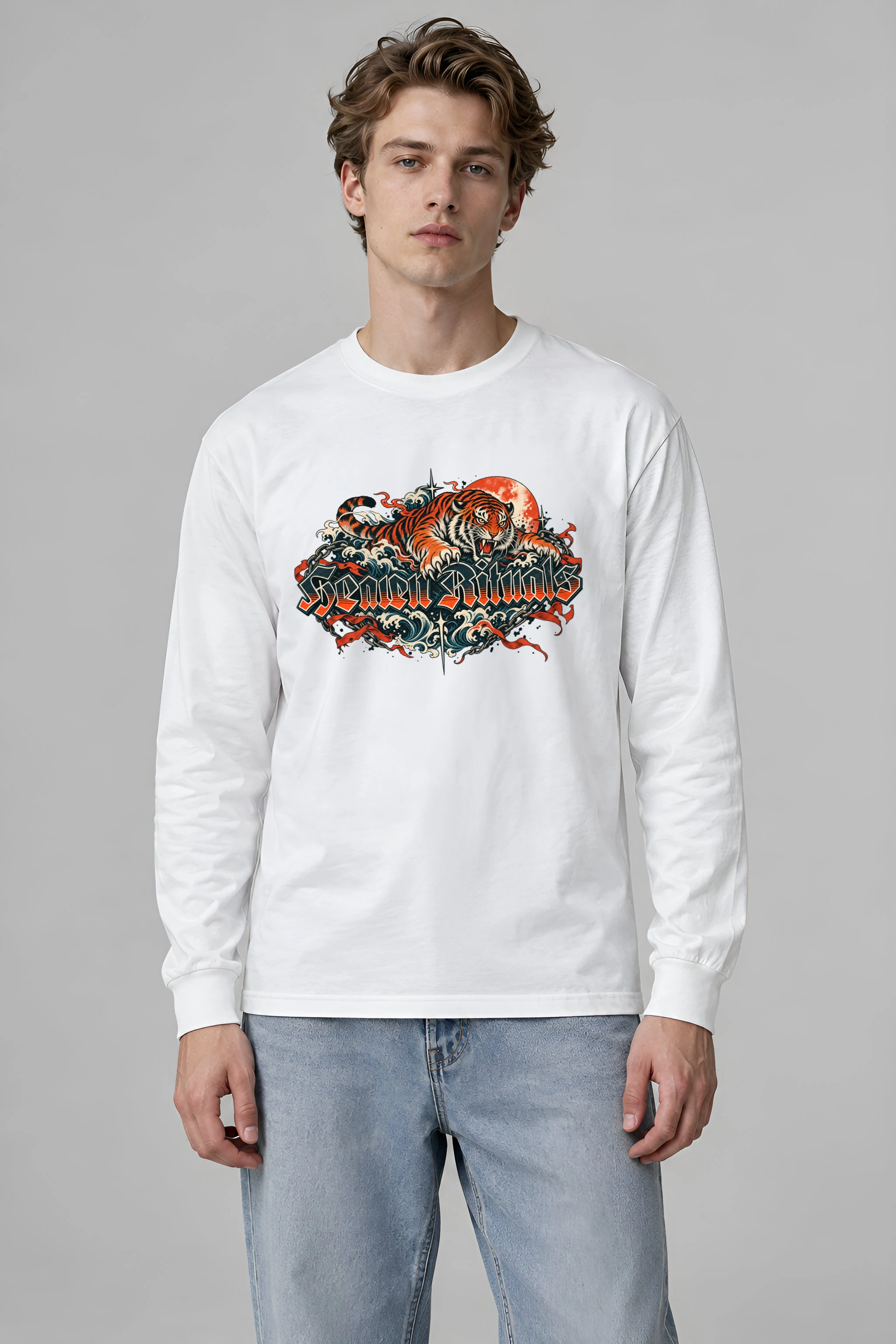 "Snarling Tiger with Gothic Script" Unisex Longsleeve T-shirt