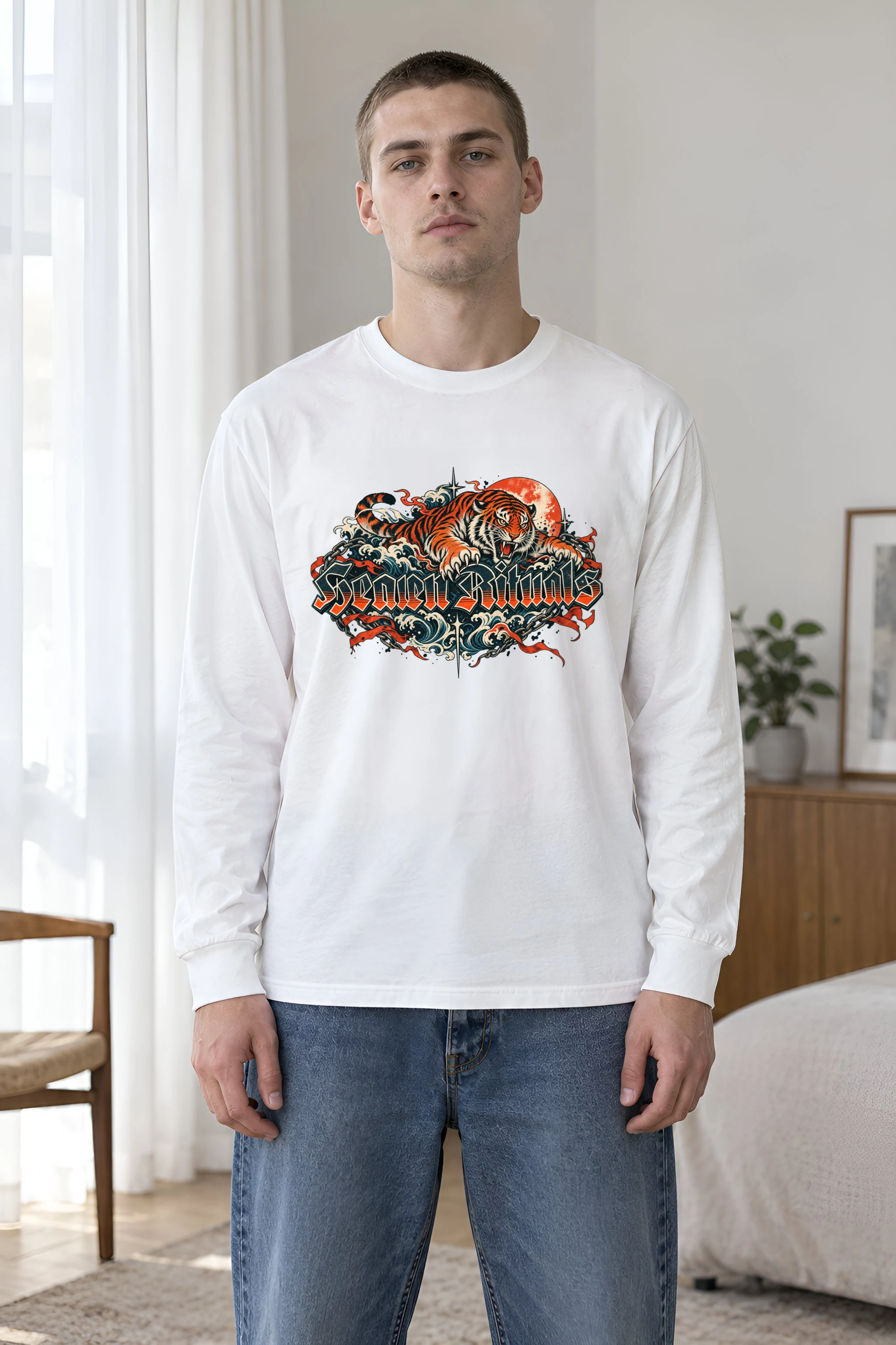 "Snarling Tiger with Gothic Script" Unisex Longsleeve T-shirt