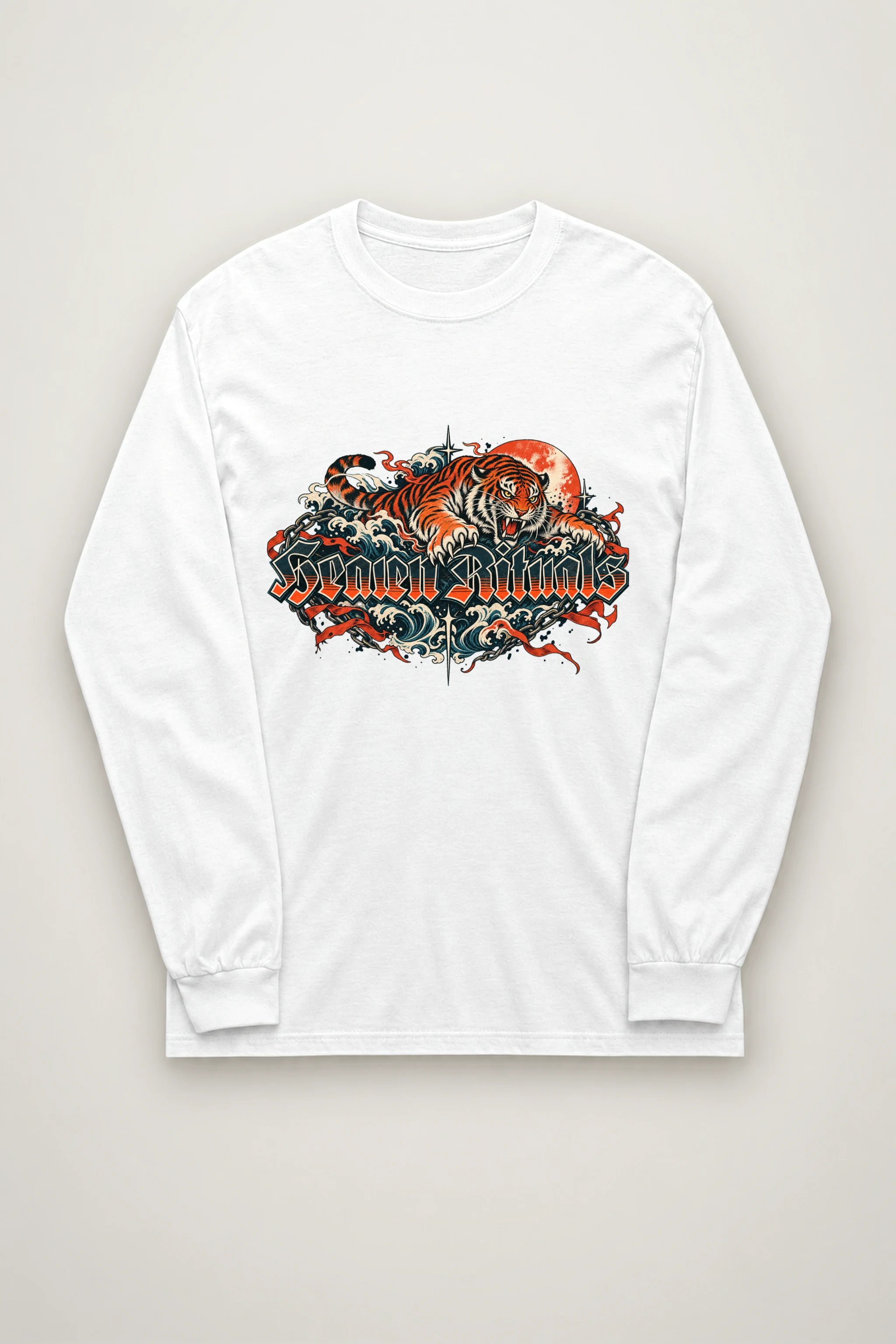 "Snarling Tiger with Gothic Script" Unisex Longsleeve T-shirt
