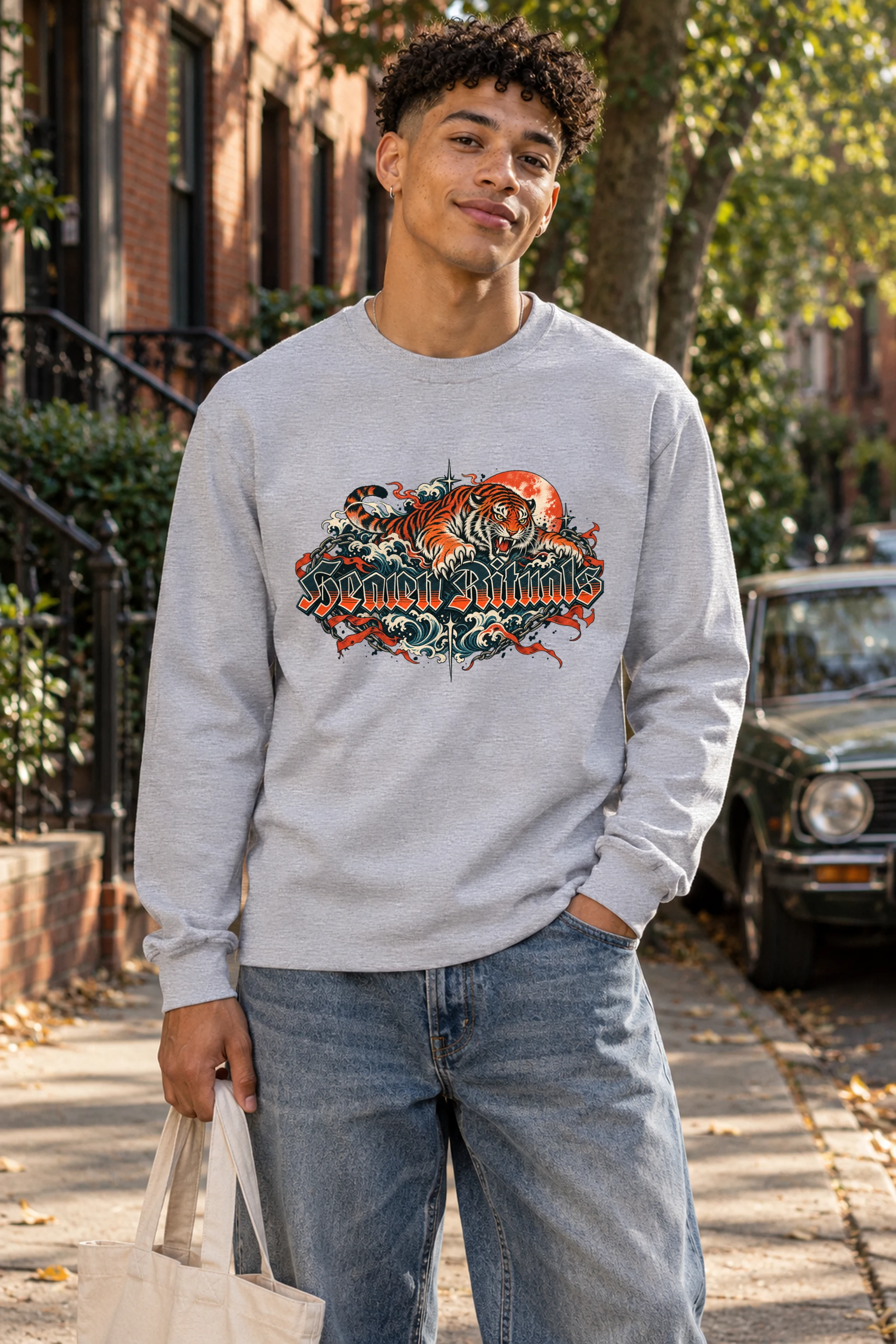 "Snarling Tiger with Gothic Script" Unisex Longsleeve T-shirt