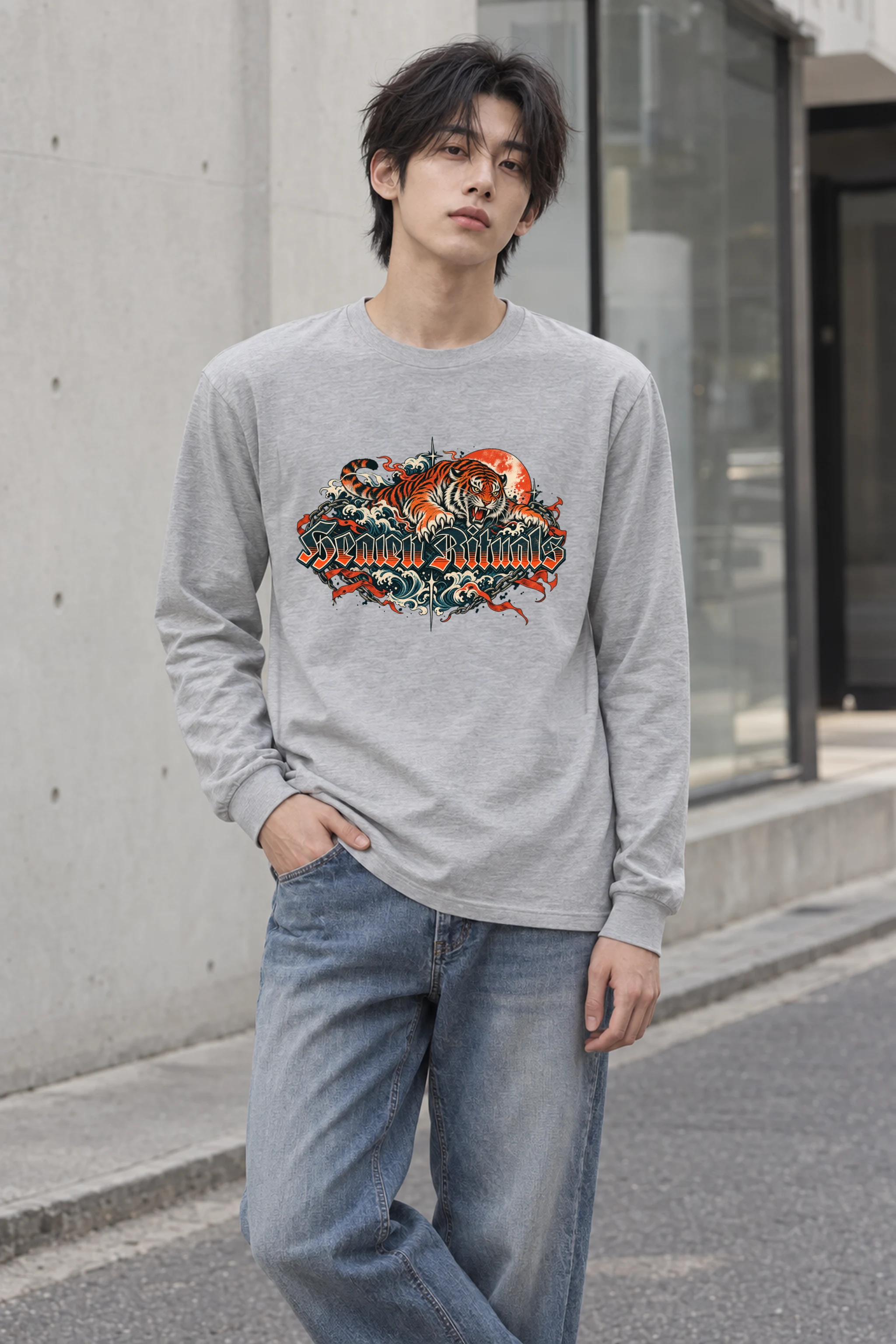 "Snarling Tiger with Gothic Script" Unisex Longsleeve T-shirt