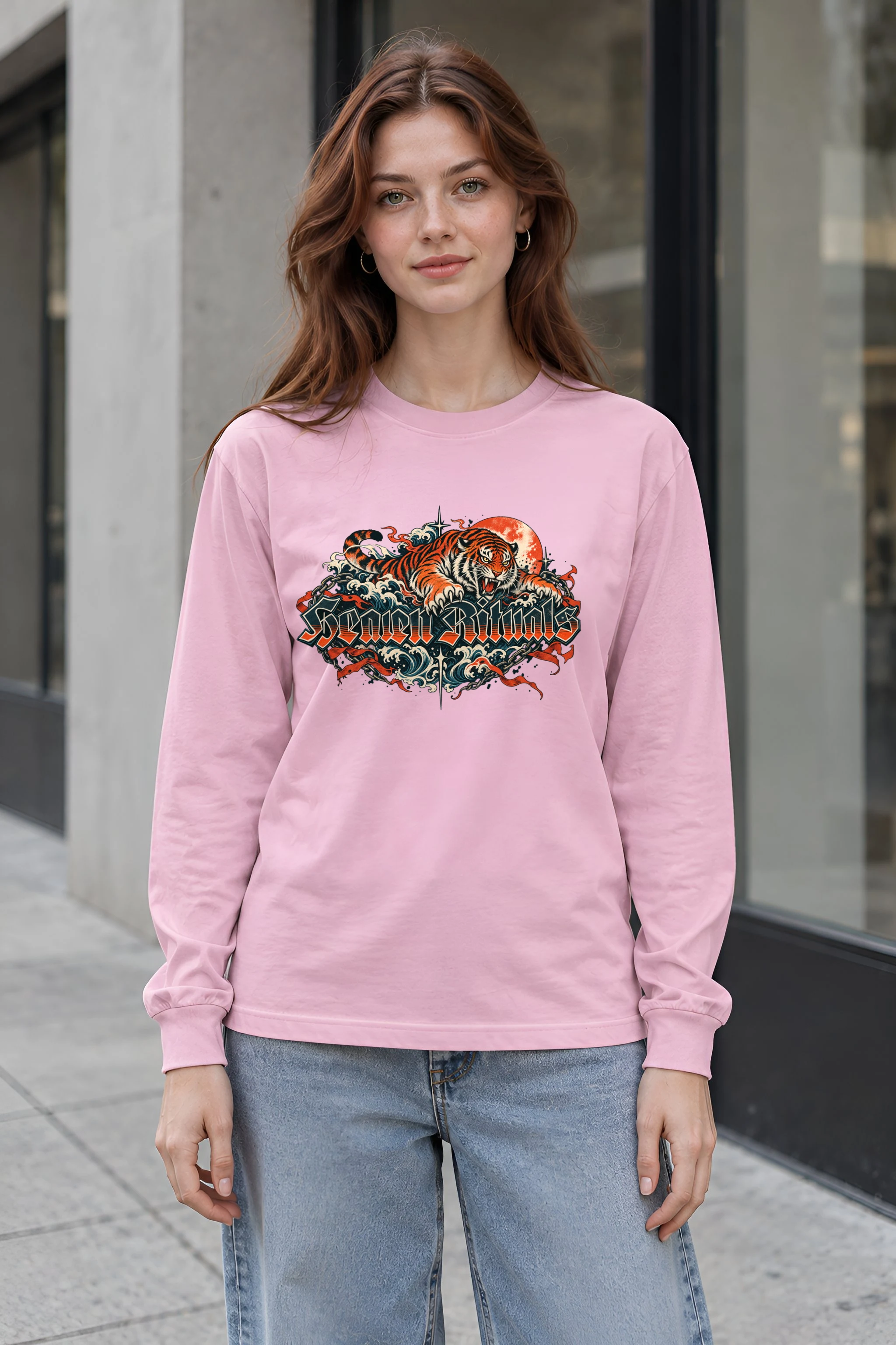 "Snarling Tiger with Gothic Script" Unisex Longsleeve T-shirt
