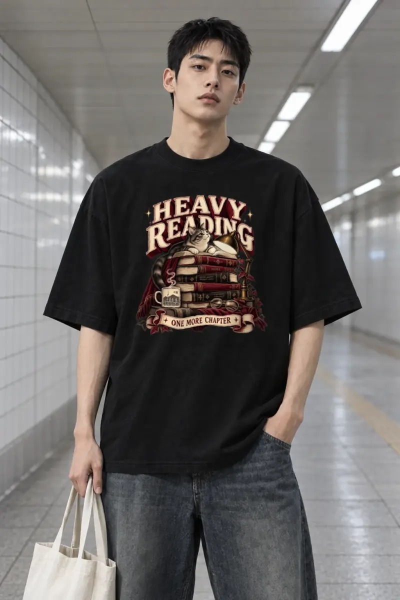 "Heavy Reading Seoul" Men's Oversized Heavyweight Crewneck T-Shirt
