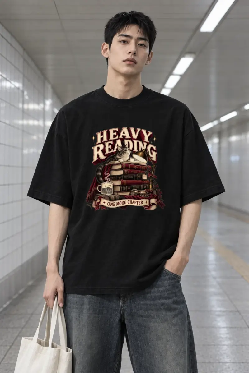 "Heavy Reading Seoul" Men's Oversized Heavyweight Crewneck T-Shirt