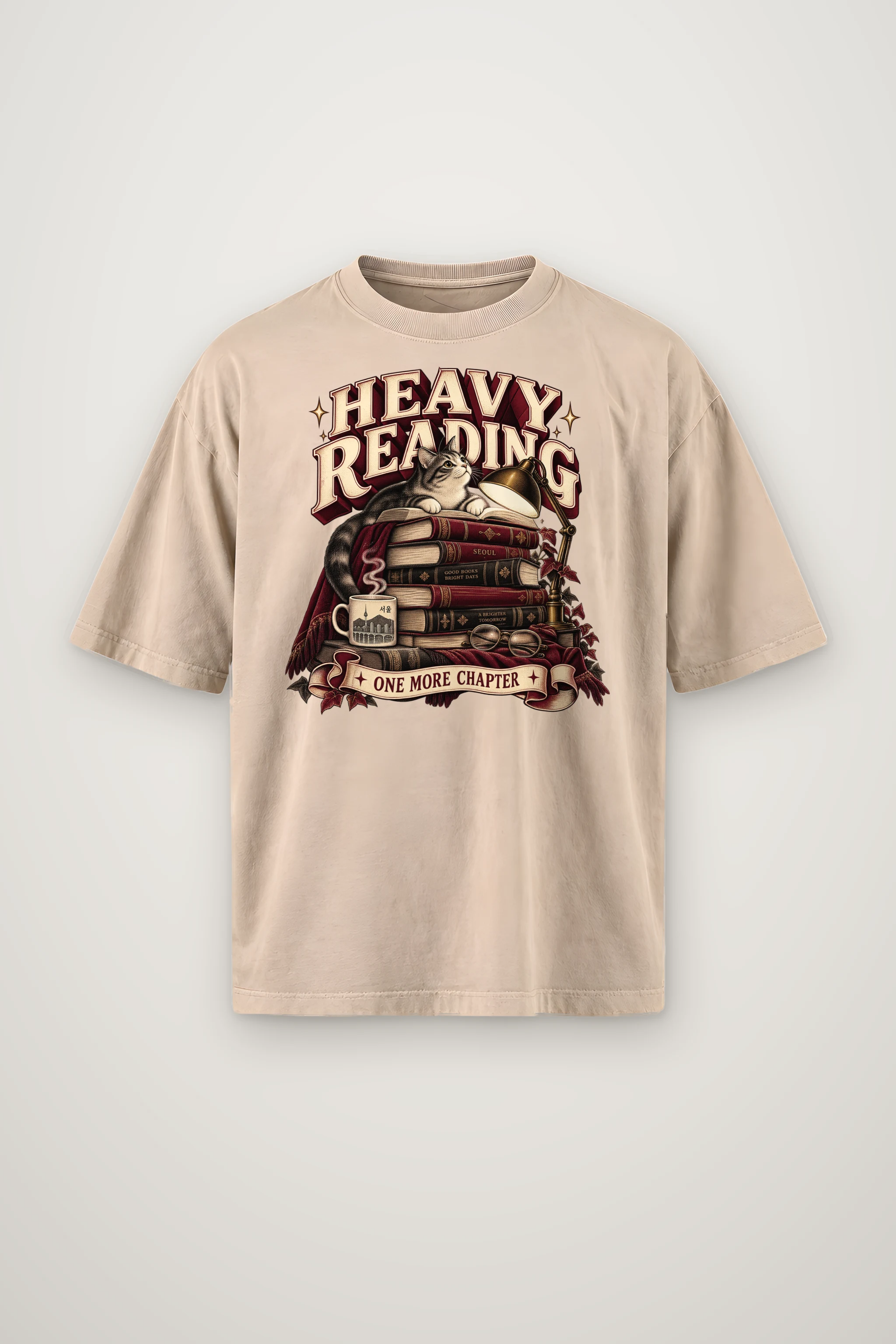 "Heavy Reading Seoul" Men's Oversized Heavyweight Crewneck T-Shirt