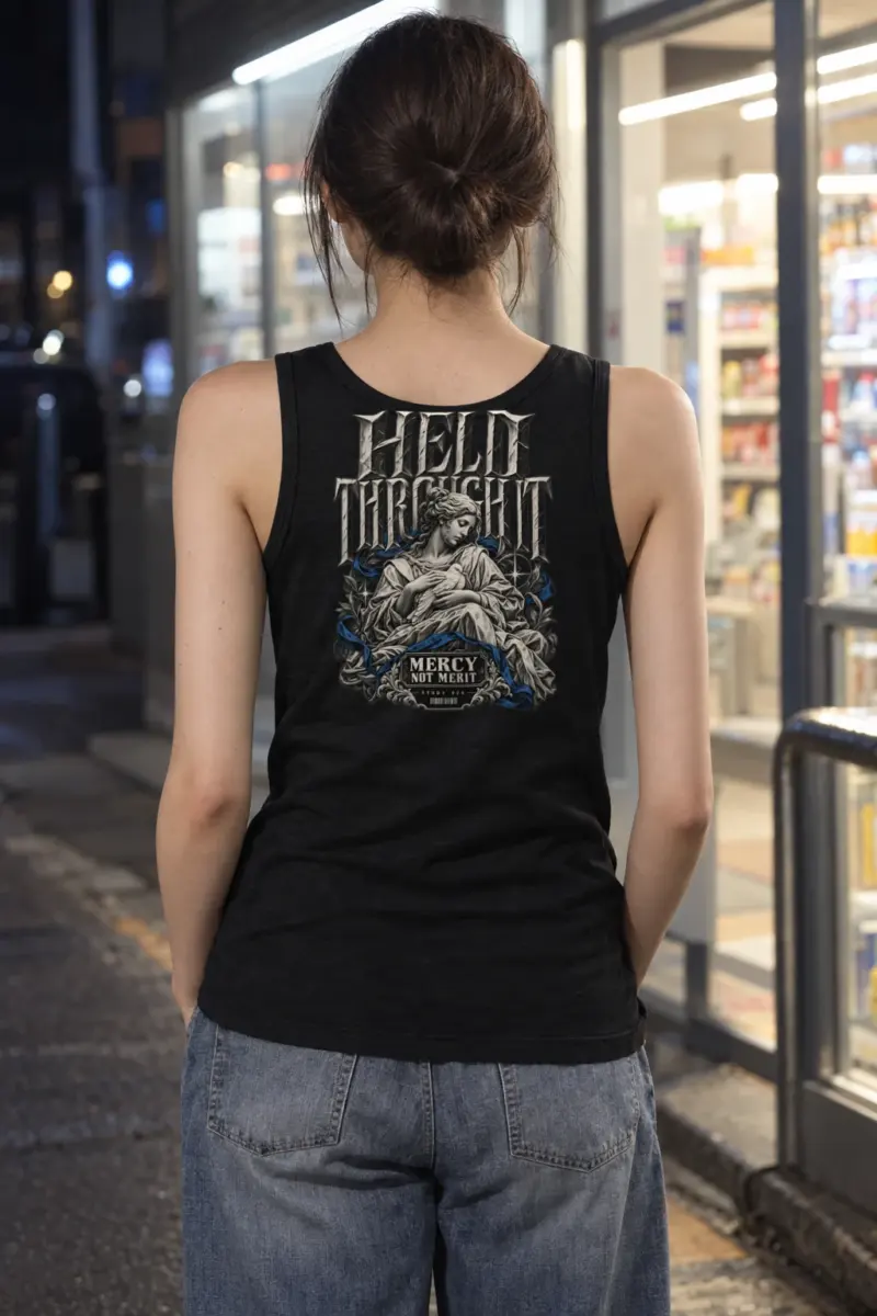 “Held Through Mercy Not Merit” Unisex Jersey Tank
