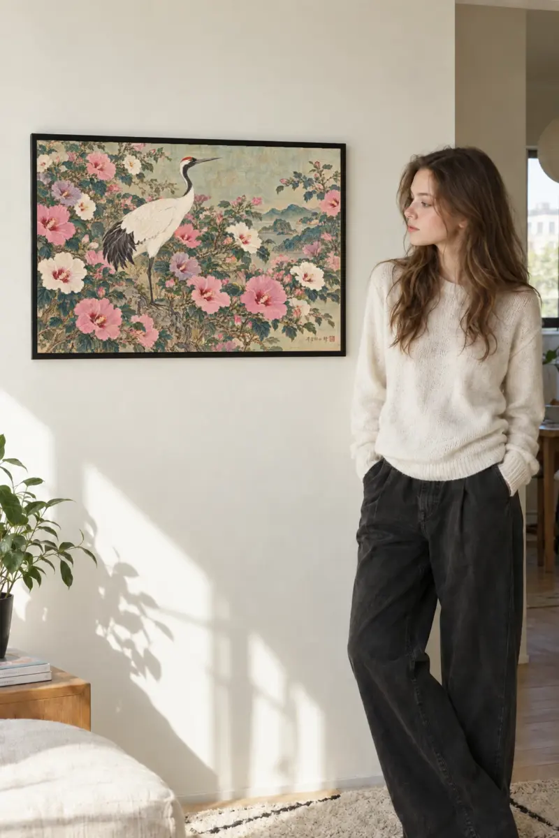 “Hibiscus and Crane” Premium Wooden Framed Poster · Landscape