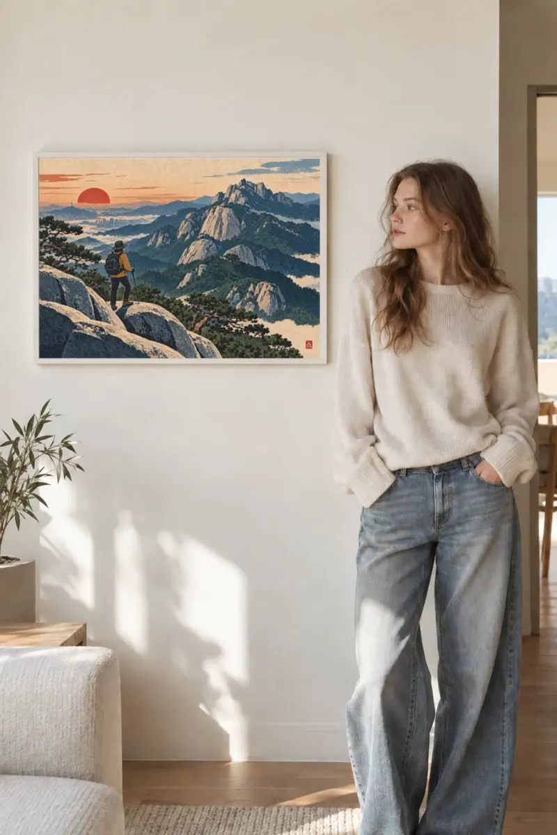 “Hiker and Morning Mountains” Premium Wooden Framed Poster · Landscape