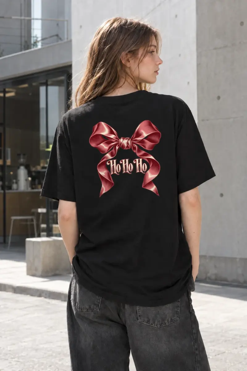 "Ho Ho Ho Ribbon" Heavyweight Unisex Crewneck T-shirt | Gildan 5000