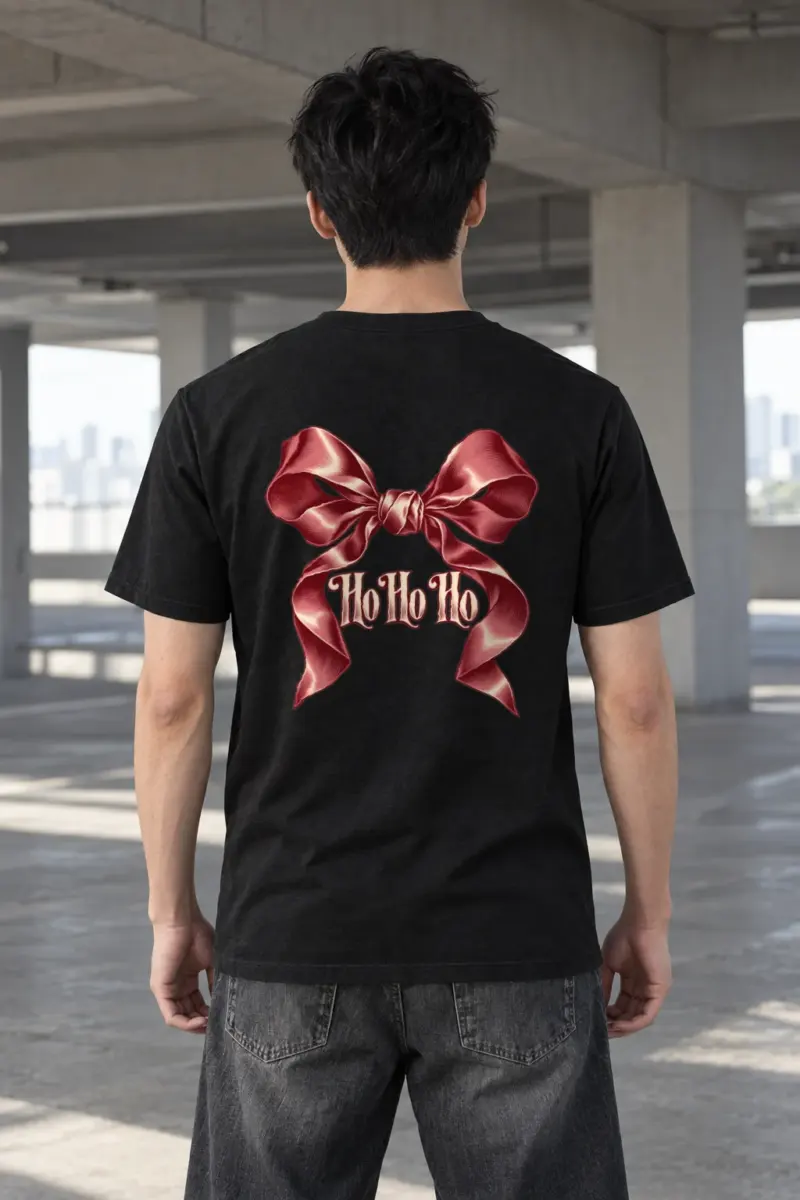 "Ho Ho Ho Ribbon" Heavyweight Unisex Crewneck T-shirt | Gildan 5000