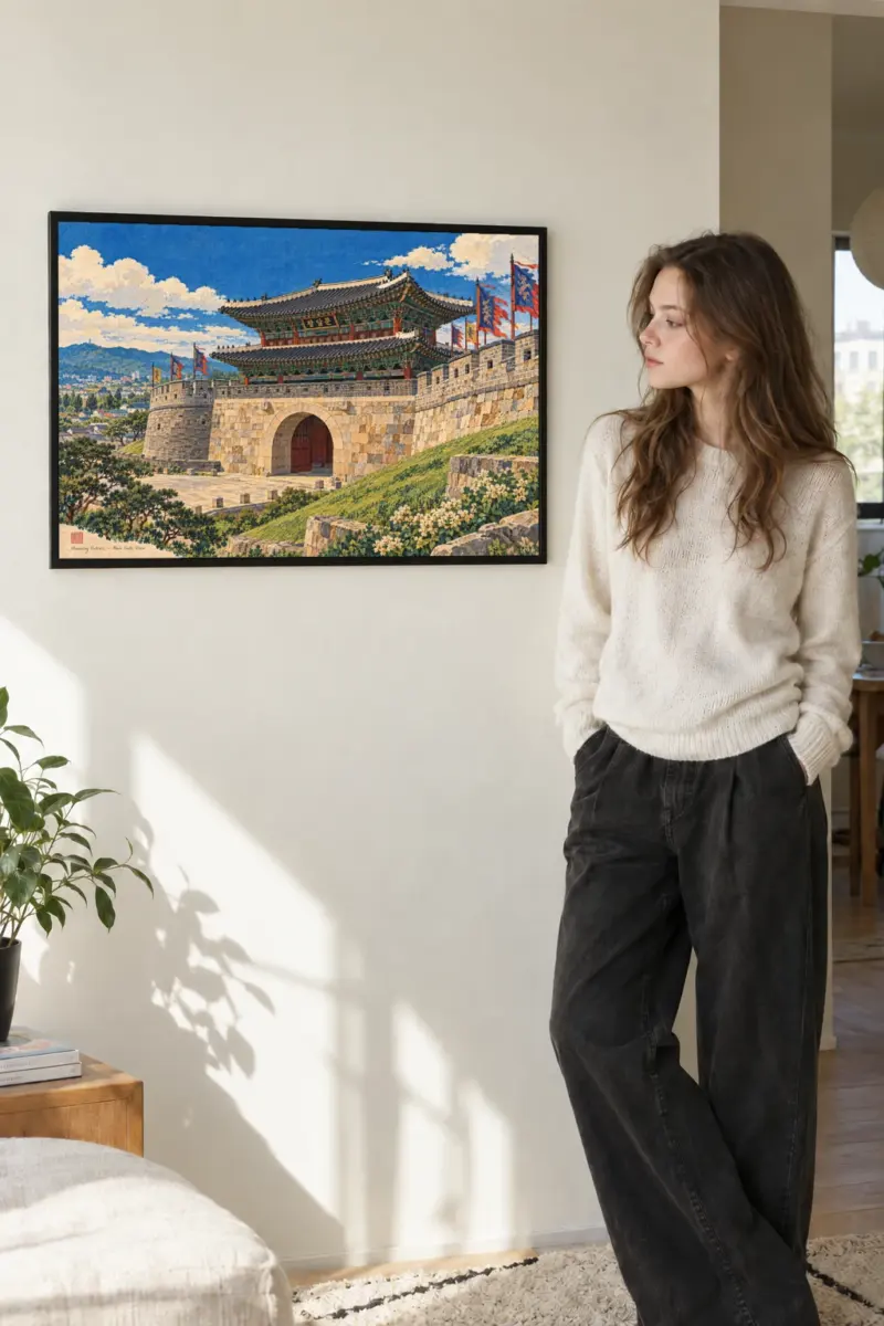 "Hwaseong Fortress — Main Gate View" Premium Wooden Framed Poster · Landscape