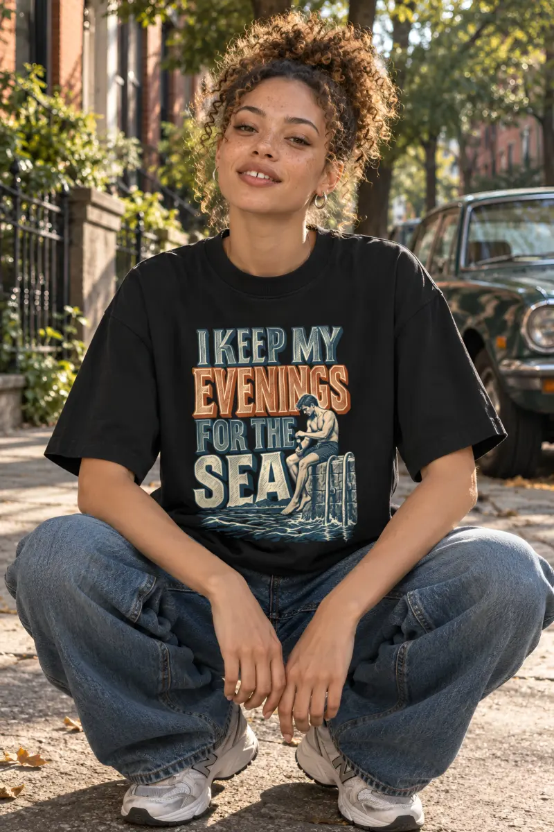"I Keep My Evenings for the Sea" Unisex Oversized Heavyweight Crewneck T-Shirt