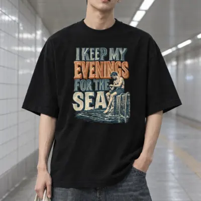 "I Keep My Evenings for the Sea" Men's Oversized Heavyweight Crewneck T-Shirt