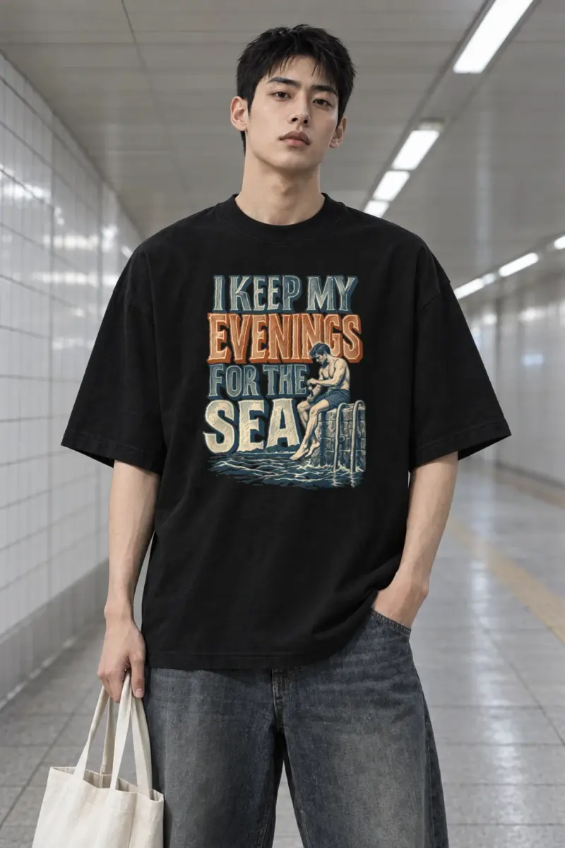 "I Keep My Evenings for the Sea" Men's Oversized Heavyweight Crewneck T-Shirt