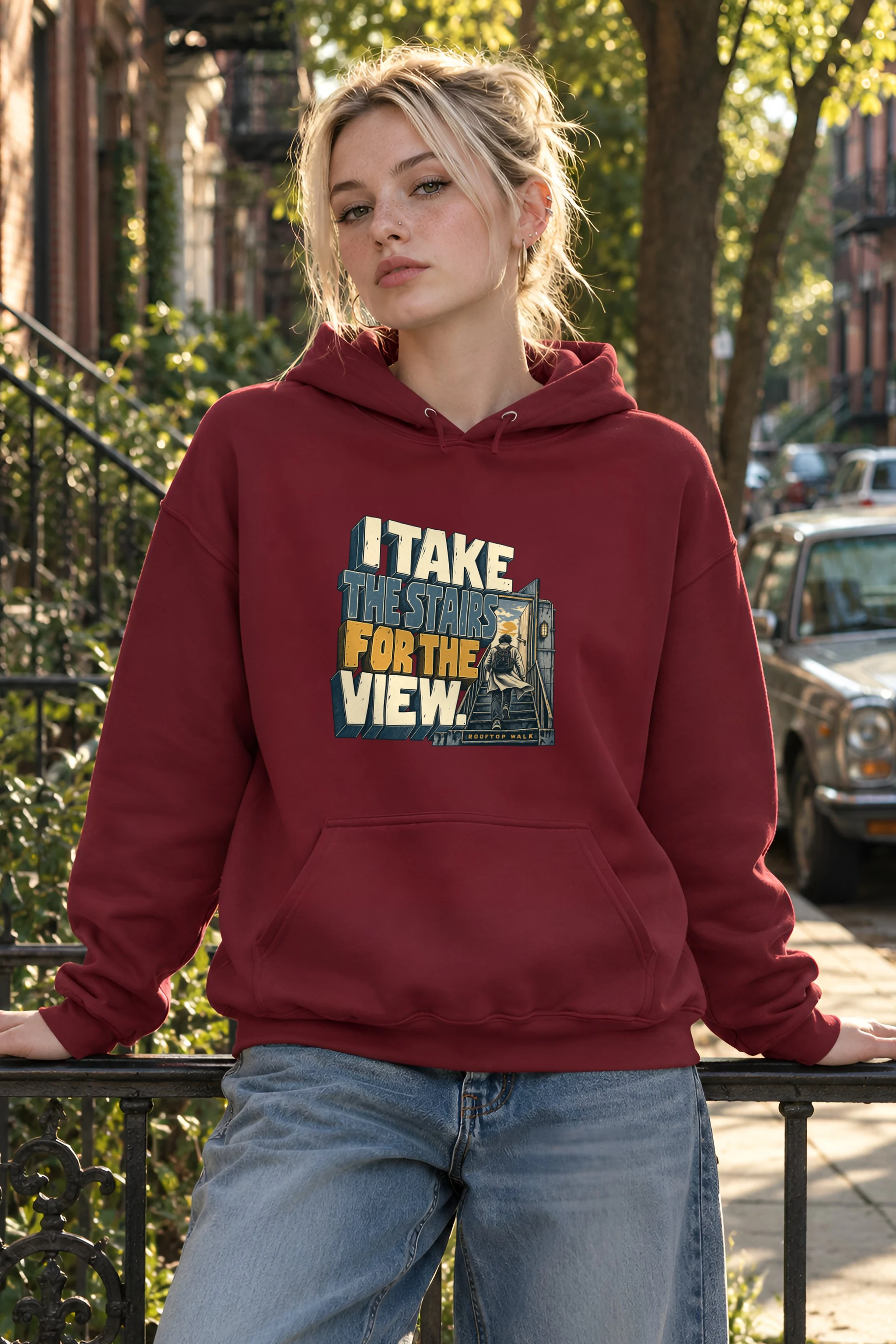"I Take the Stairs for the View" Heavy Blend Unisex Pullover Hoodie