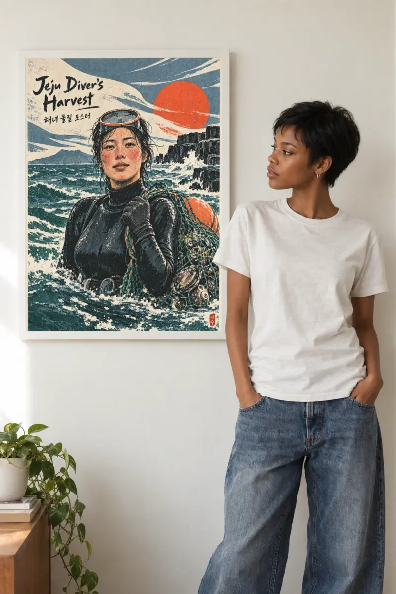 "Jeju Diver's Harvest" Premium Wooden Framed Poster