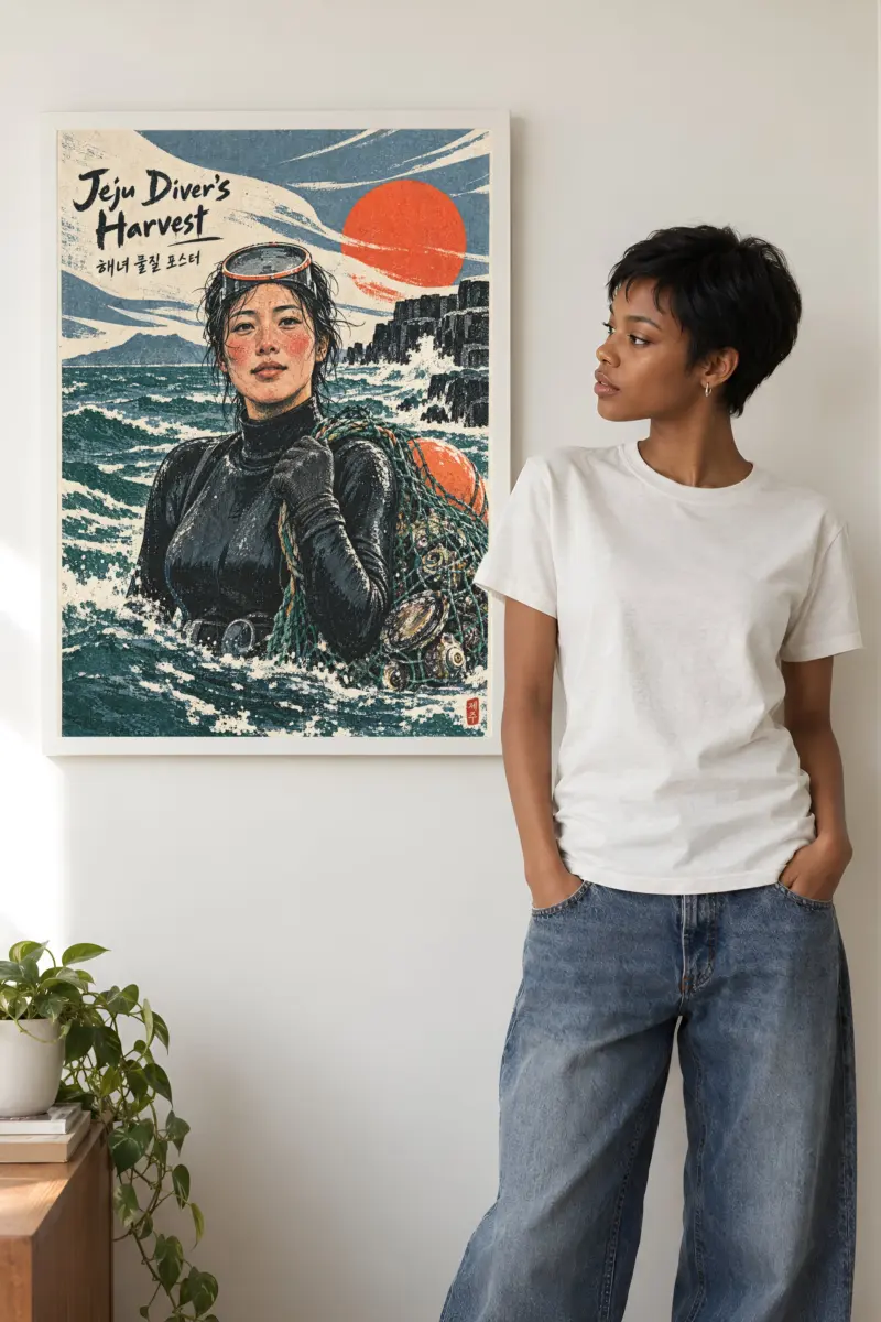 "Jeju Diver's Harvest" Premium Wooden Framed Poster