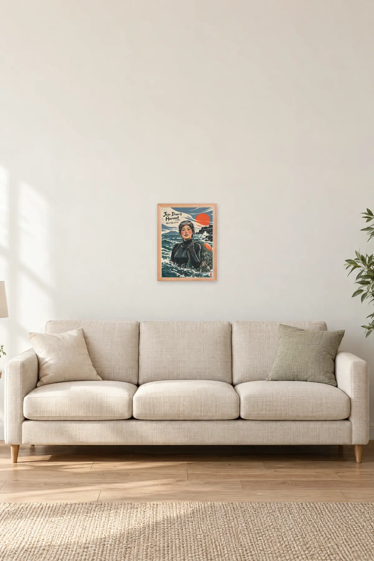 "Jeju Diver's Harvest" Premium Wooden Framed Poster — Natural Wood frame, 12 × 16 in