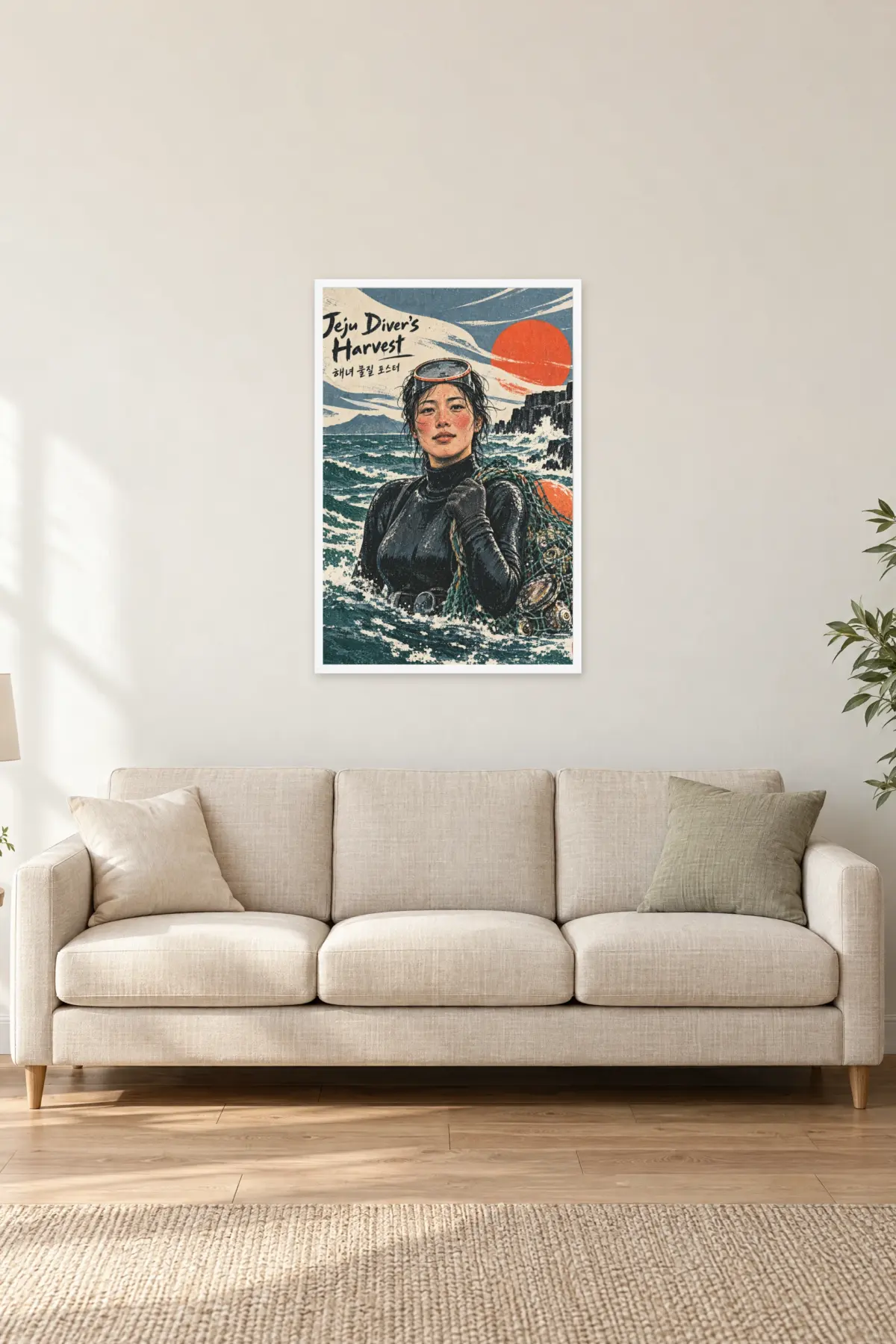 "Jeju Diver's Harvest" Premium Wooden Framed Poster — White frame, 24 × 36 in