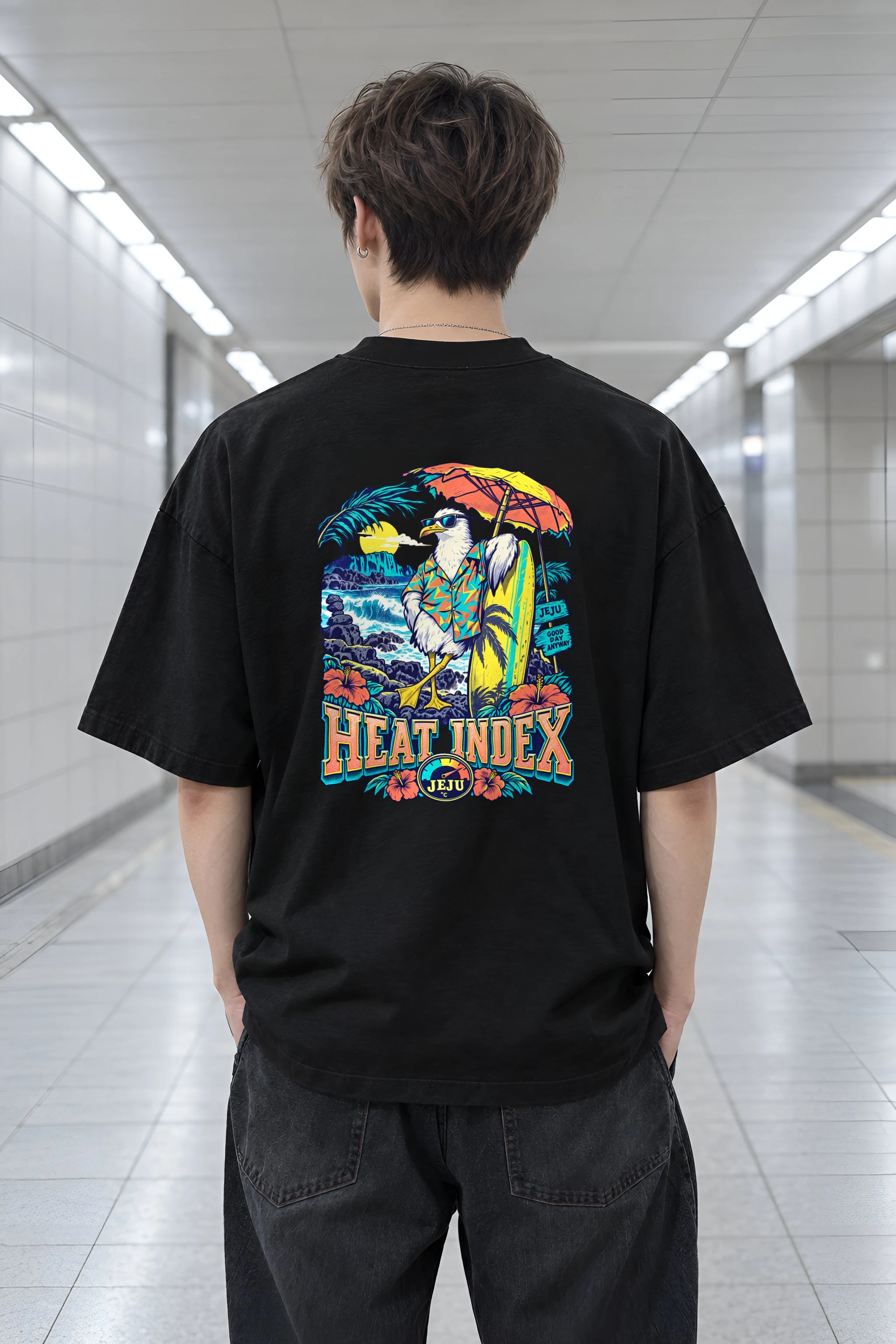 "Jeju Good Day" Men's Oversized Heavyweight Crewneck T-Shirt
