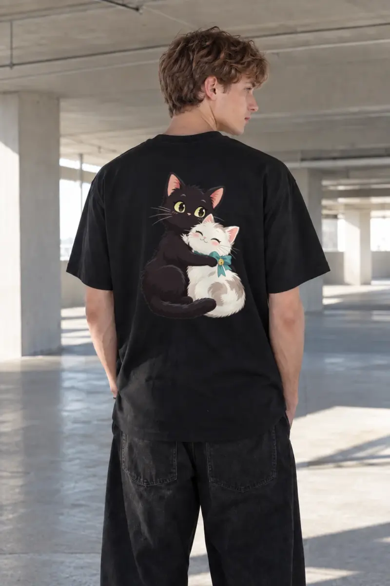 "Kitten Hug Blue Bow" Heavyweight Unisex Crewneck T-shirt | Gildan 5000
