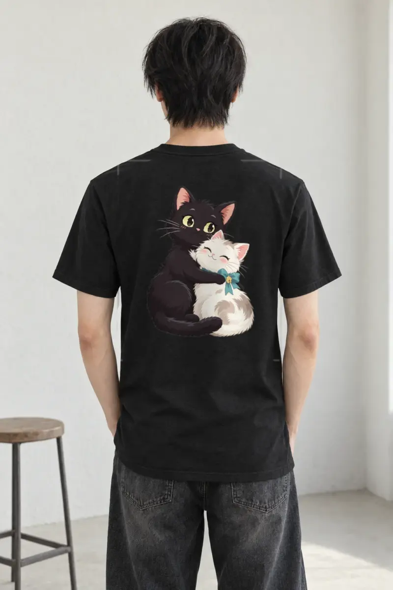 "Kitten Hug Blue Bow" Heavyweight Unisex Crewneck T-shirt