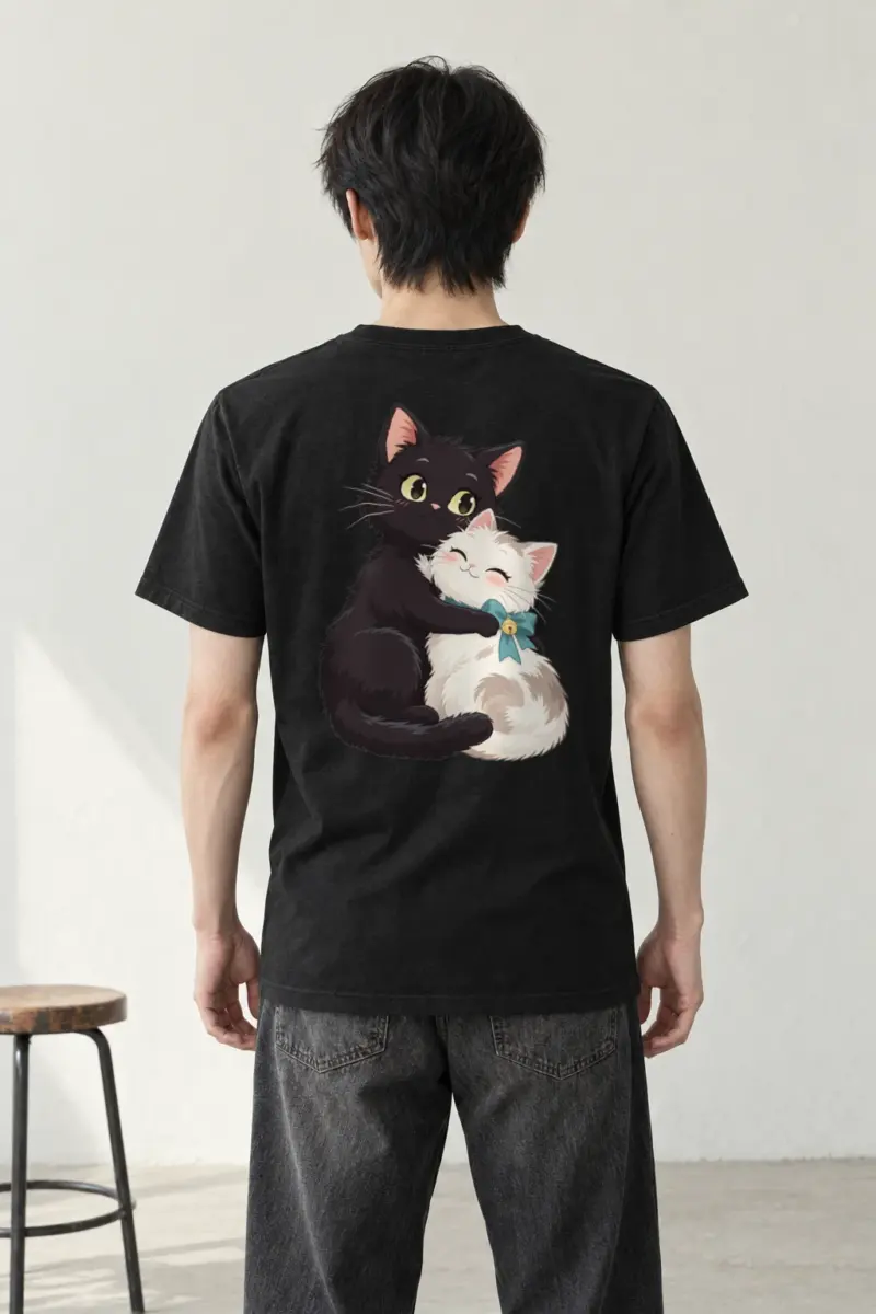 "Kitten Hug Blue Bow" Heavyweight Unisex Crewneck T-shirt | Gildan 5000