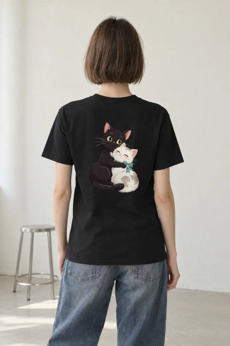 "Kitten Hug Blue Bow" Heavyweight Unisex Crewneck T-shirt