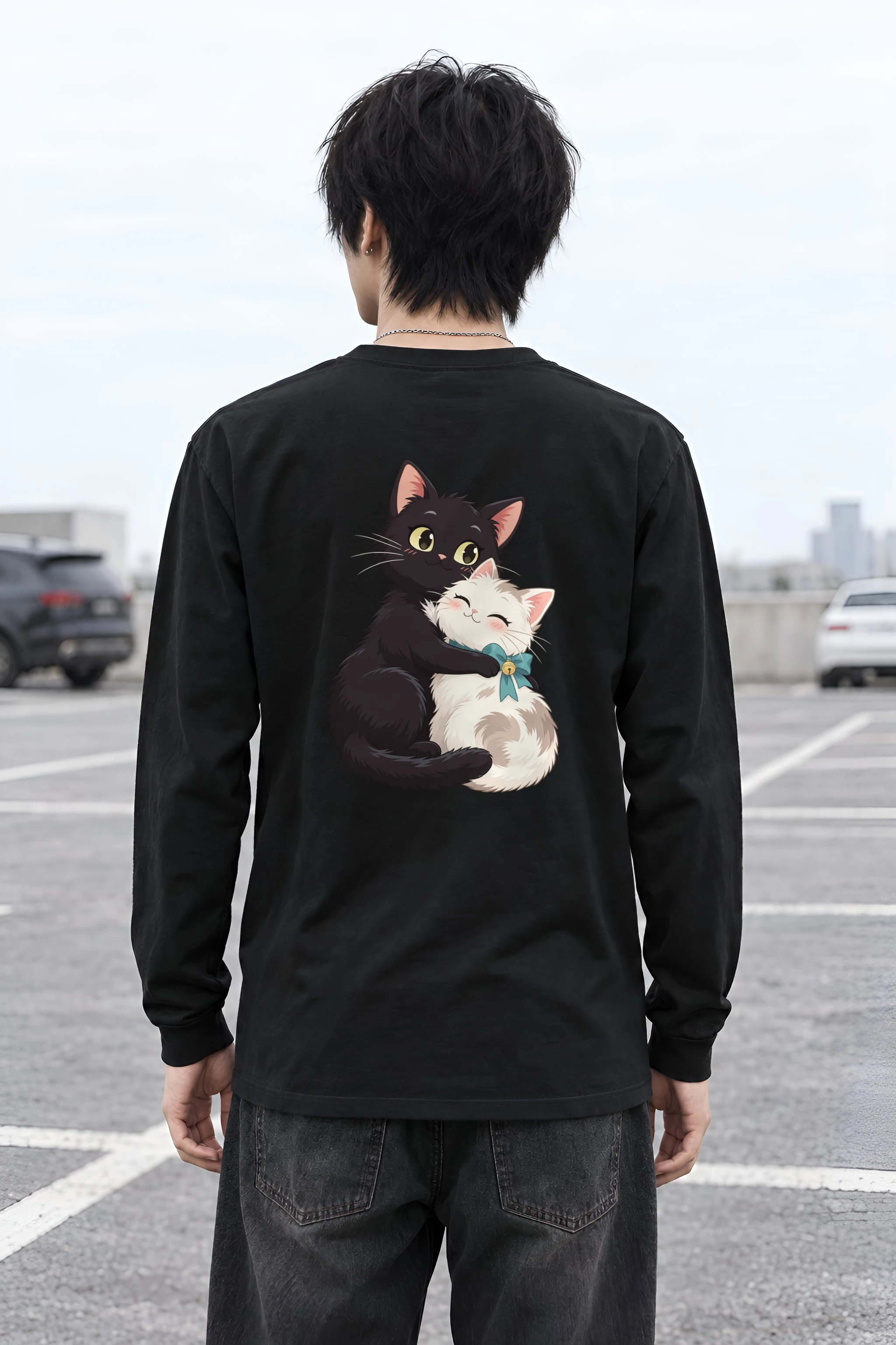 "Kitten Hug Blue Bow" Unisex Longsleeve T-shirt