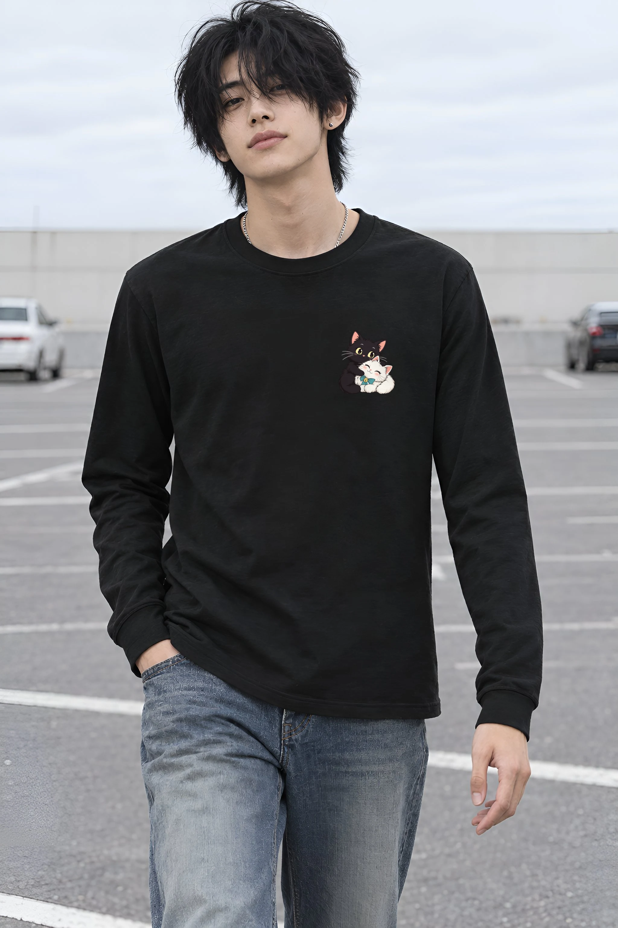 "Kitten Hug Blue Bow" Unisex Longsleeve T-shirt