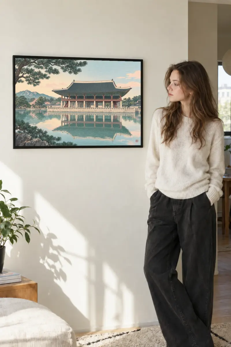 “Korean Pavilion Lake Scene” Premium Wooden Framed Poster · Landscape