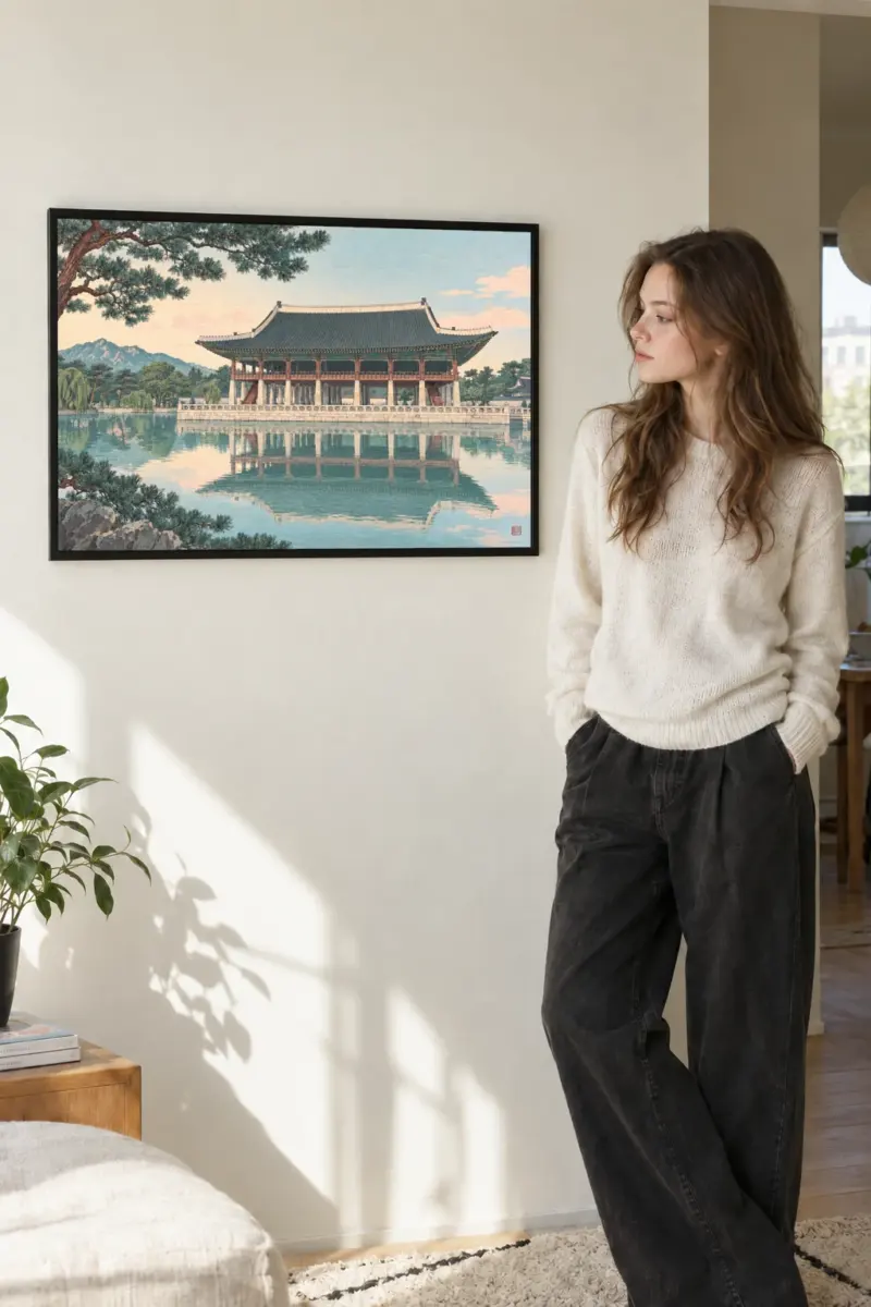 "Korean Pavilion Lake Scene" Premium Wooden Framed Poster · Landscape