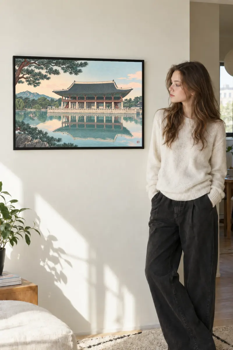 "Korean Pavilion Lake Scene" Premium Wooden Framed Poster · Landscape