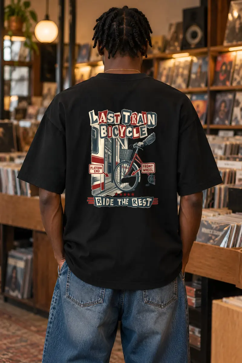 "Last Train Bicycle" Unisex Oversized Heavyweight Crewneck T-Shirt