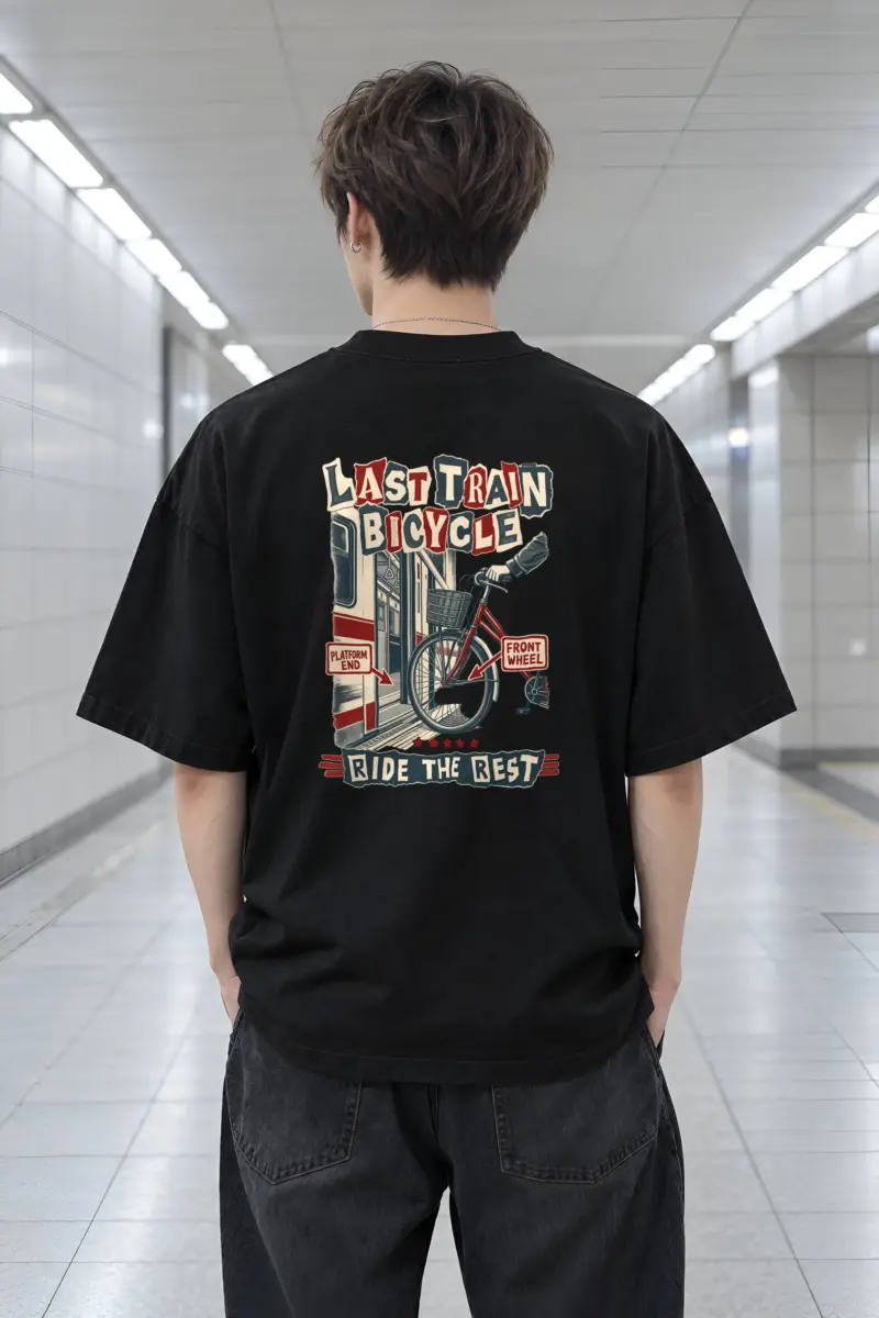 "Last Train Bicycle" Men's Oversized Heavyweight Crewneck T-Shirt