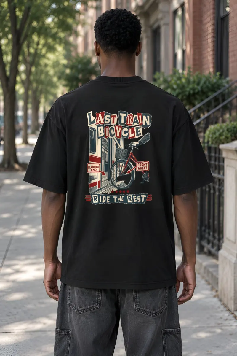 "Last Train Bicycle" Men's Oversized Heavyweight Crewneck T-Shirt