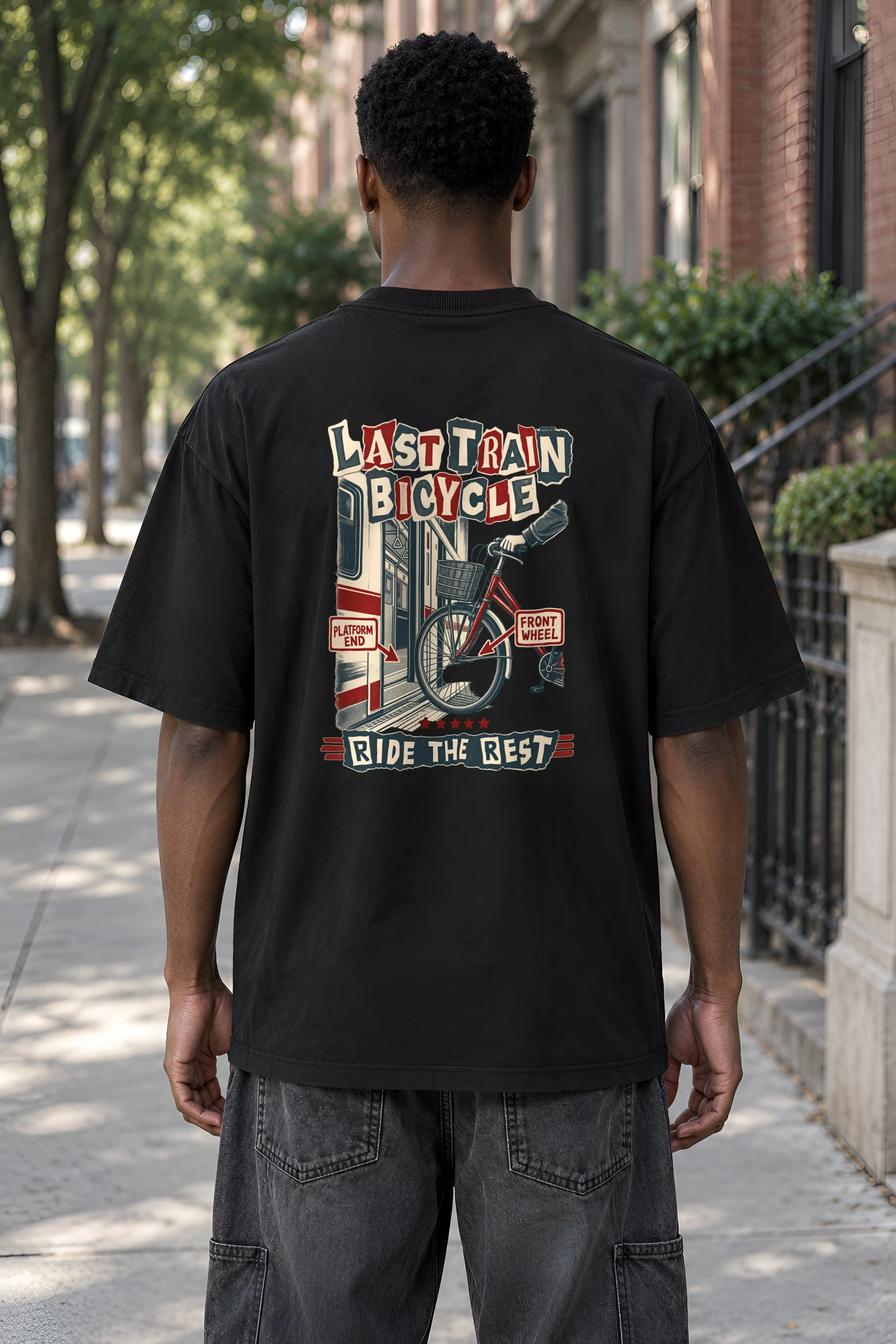"Last Train Bicycle" Men's Oversized Heavyweight Crewneck T-Shirt