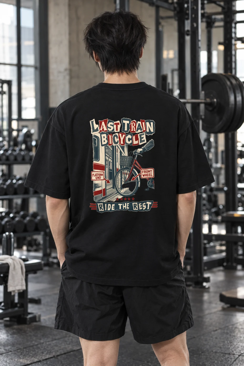 "Last Train Bicycle" Men's Oversized Heavyweight Crewneck T-Shirt
