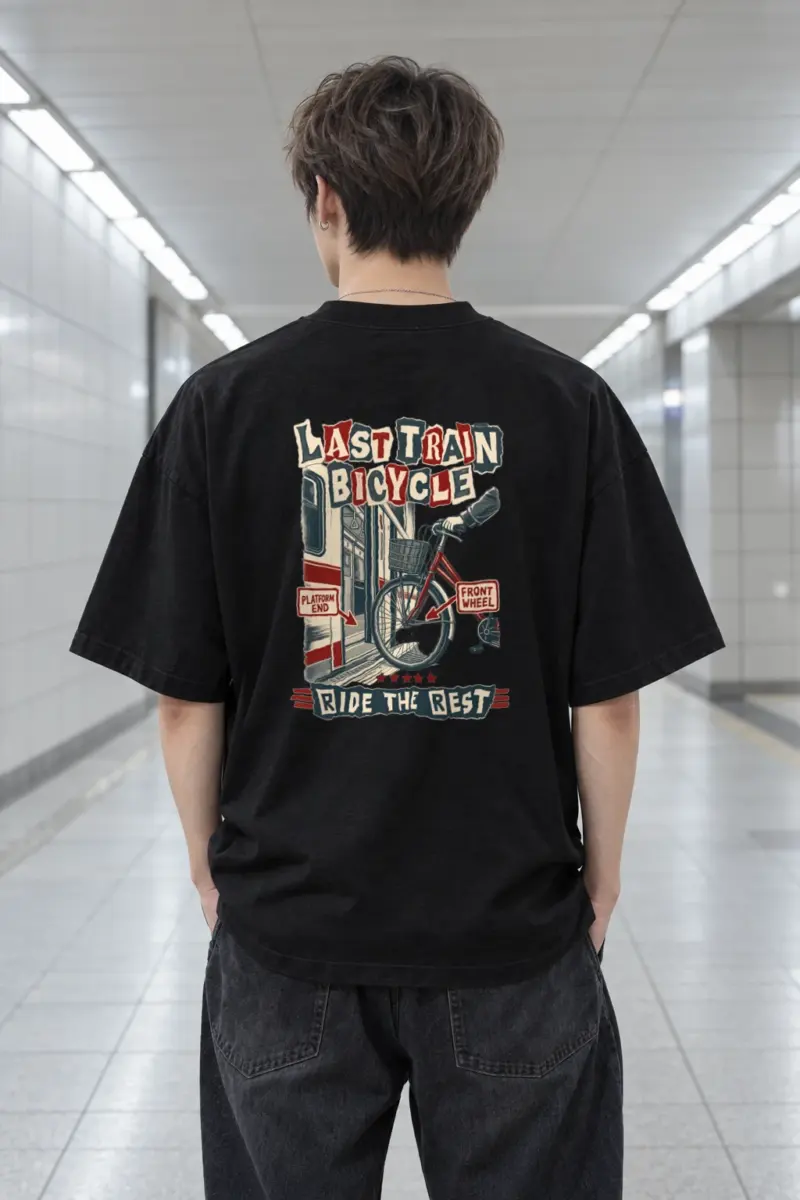 "Last Train Bicycle" Men's Oversized Heavyweight Crewneck T-Shirt